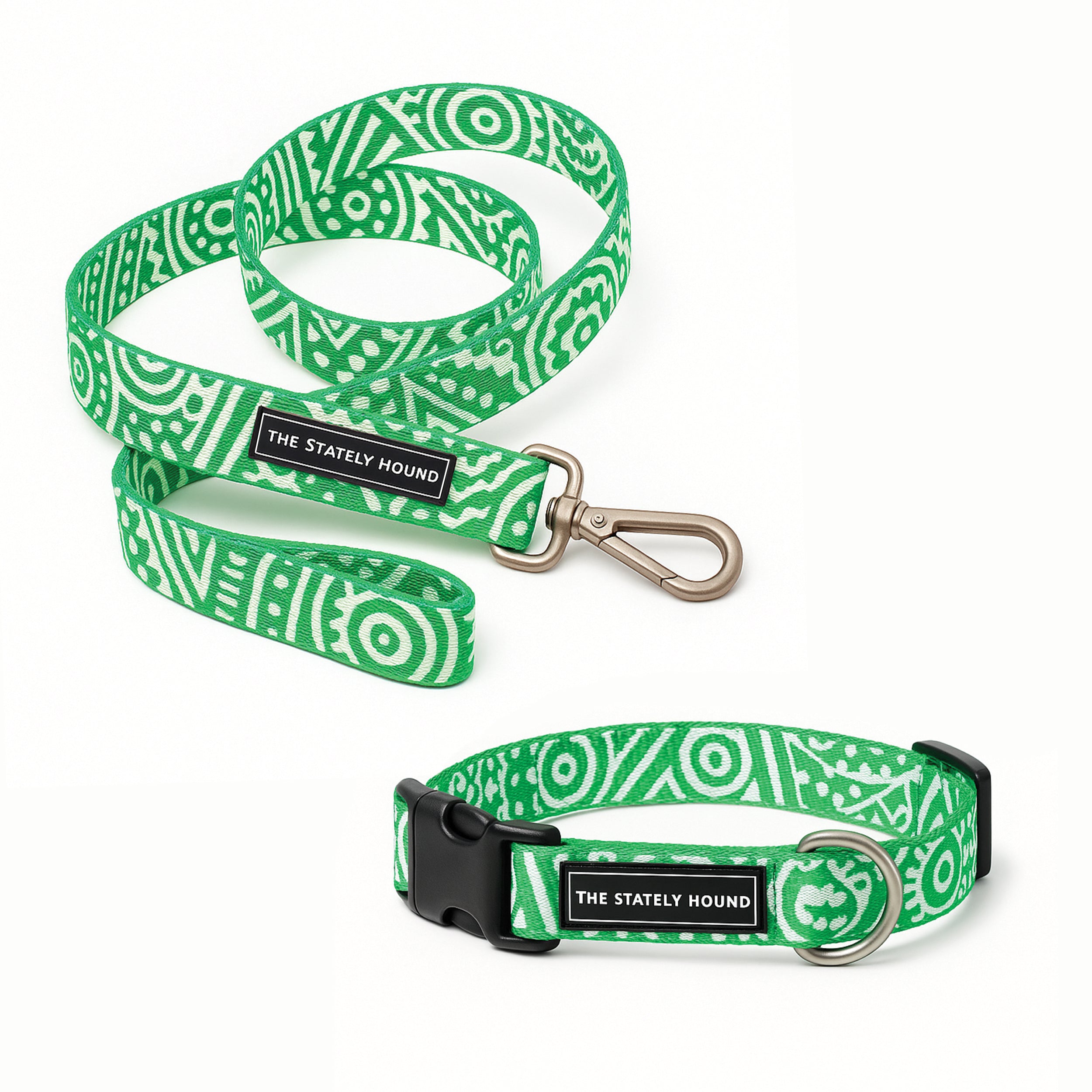 Geometric Print Dog Collar & Lead Set in Green & White The Stately Hound