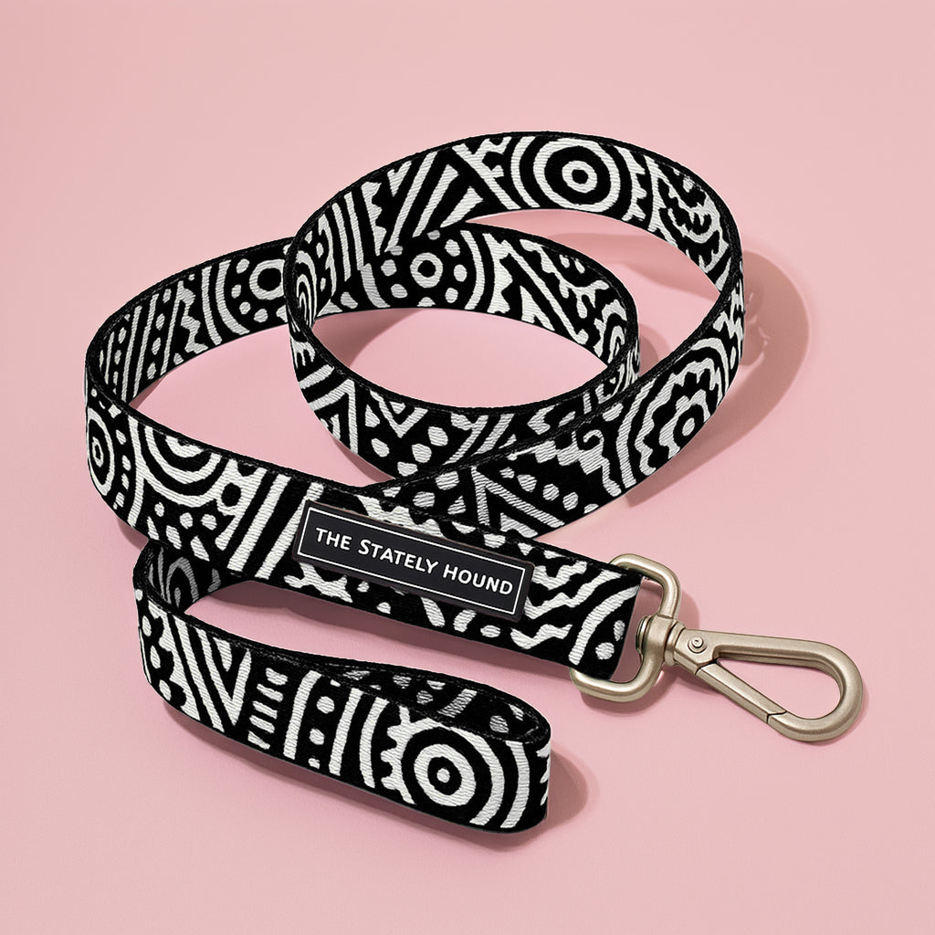 Geometric Print Dog Collar & Lead Set in Black & White