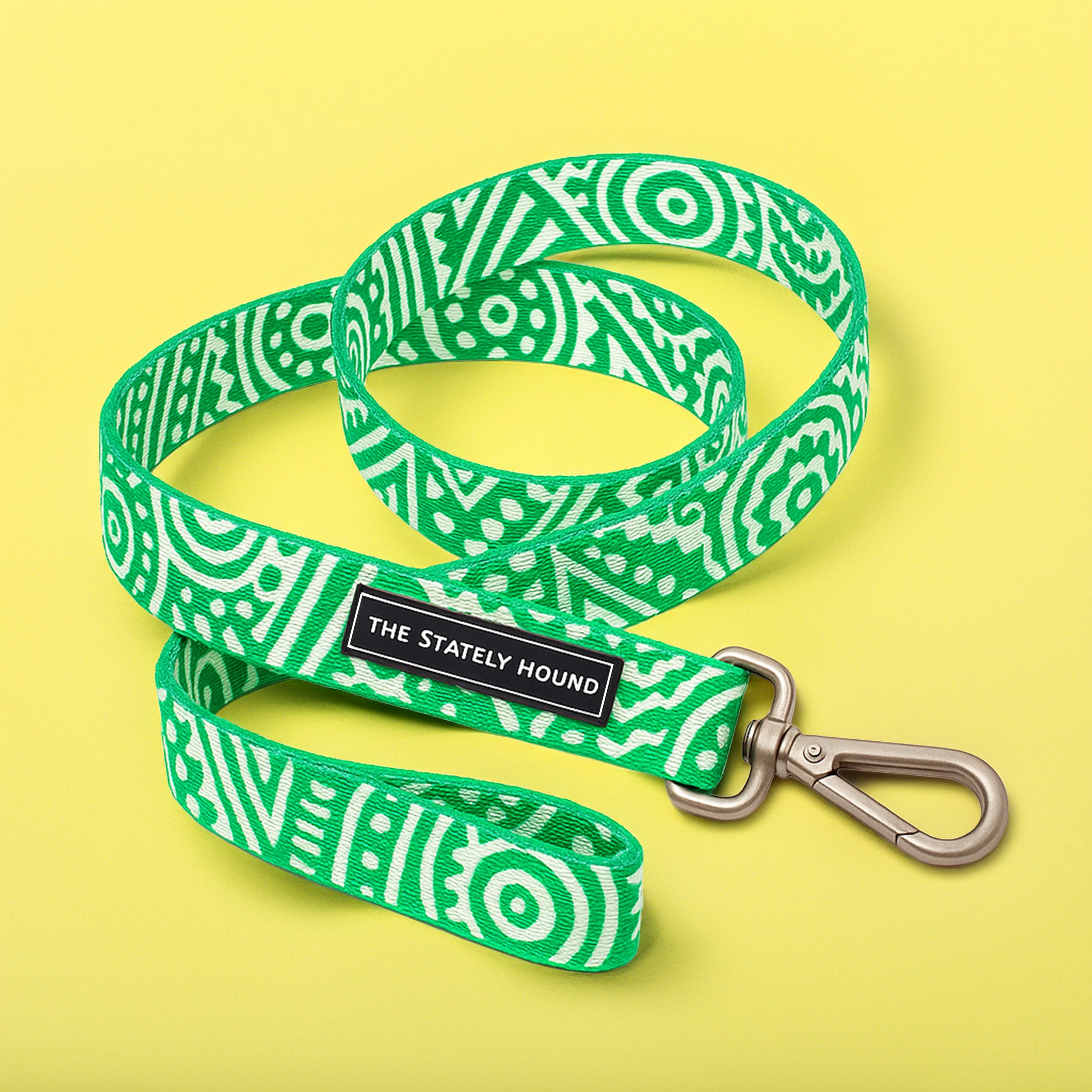 Geometric Print Dog Collar & Lead Set in Green & White The Stately Hound