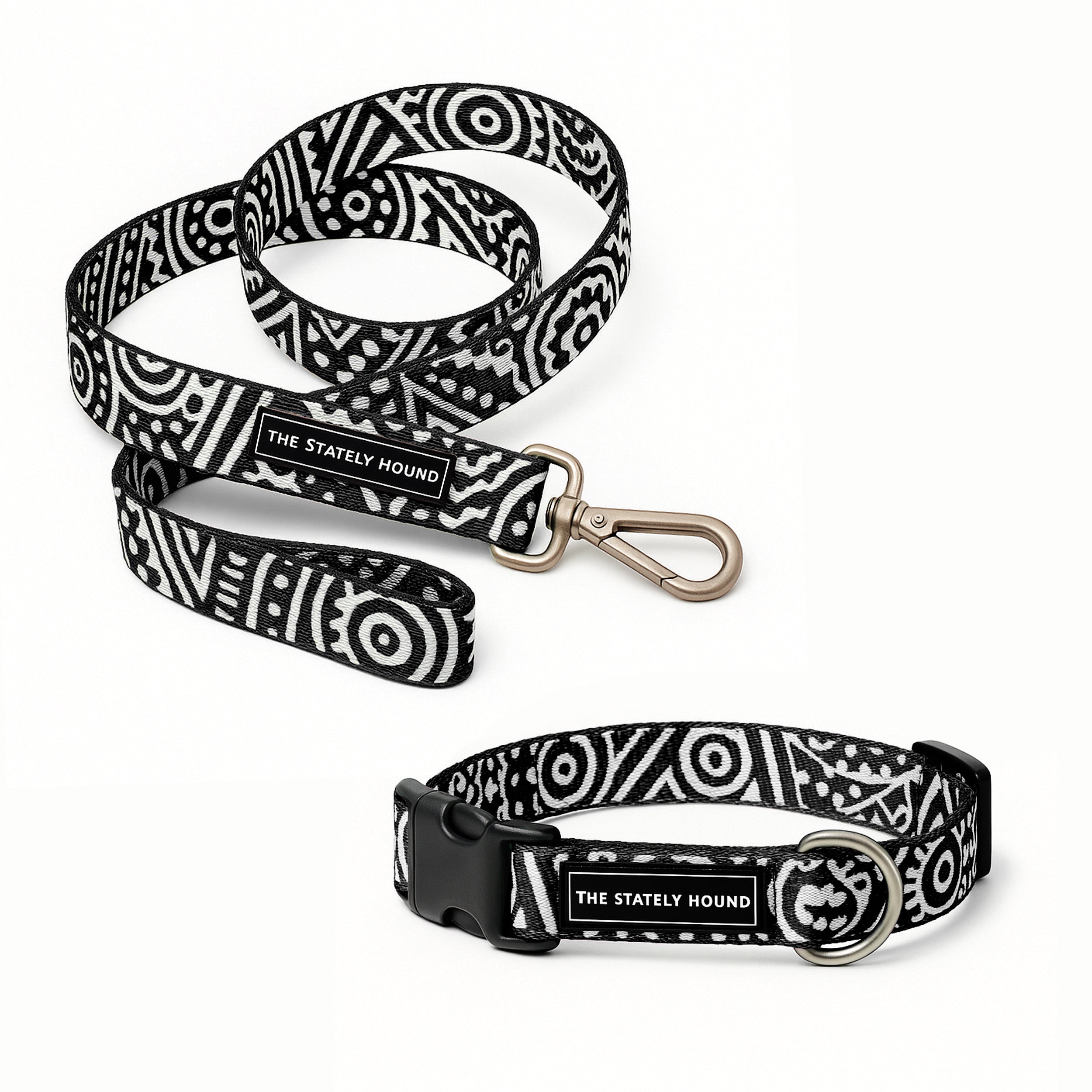 Geometric Print Dog Collar & Lead Set in Black & White The Stately Hound