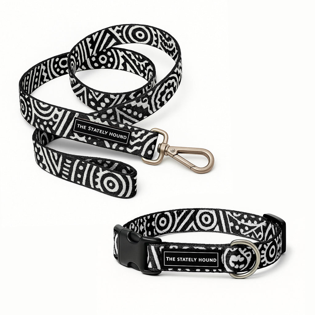 Geometric Print Dog Collar & Lead Set in Black & White