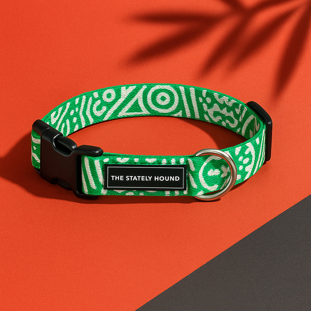 Adjustable Green & White Geometric Dog Collar - Water-Resistant & Durable