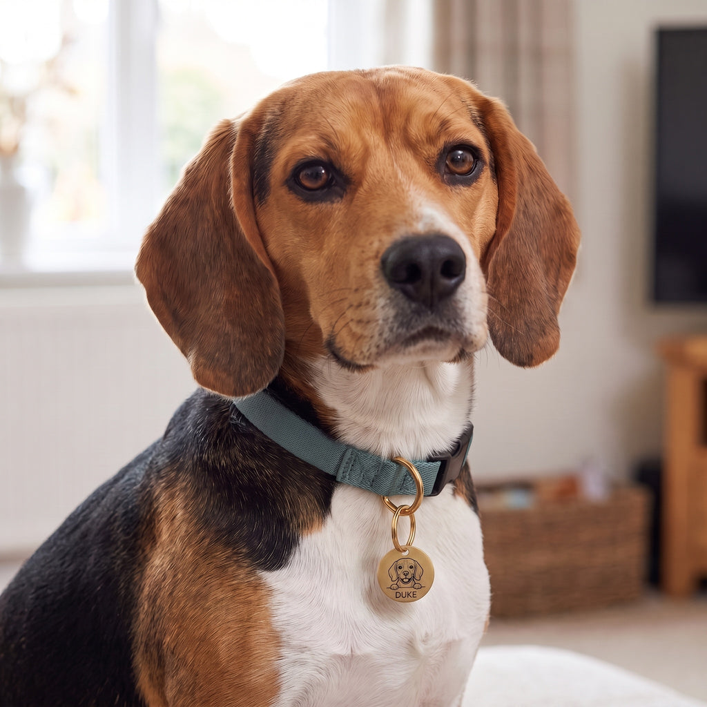 Beagle wearing the personalised Beagle dog tag on its collar