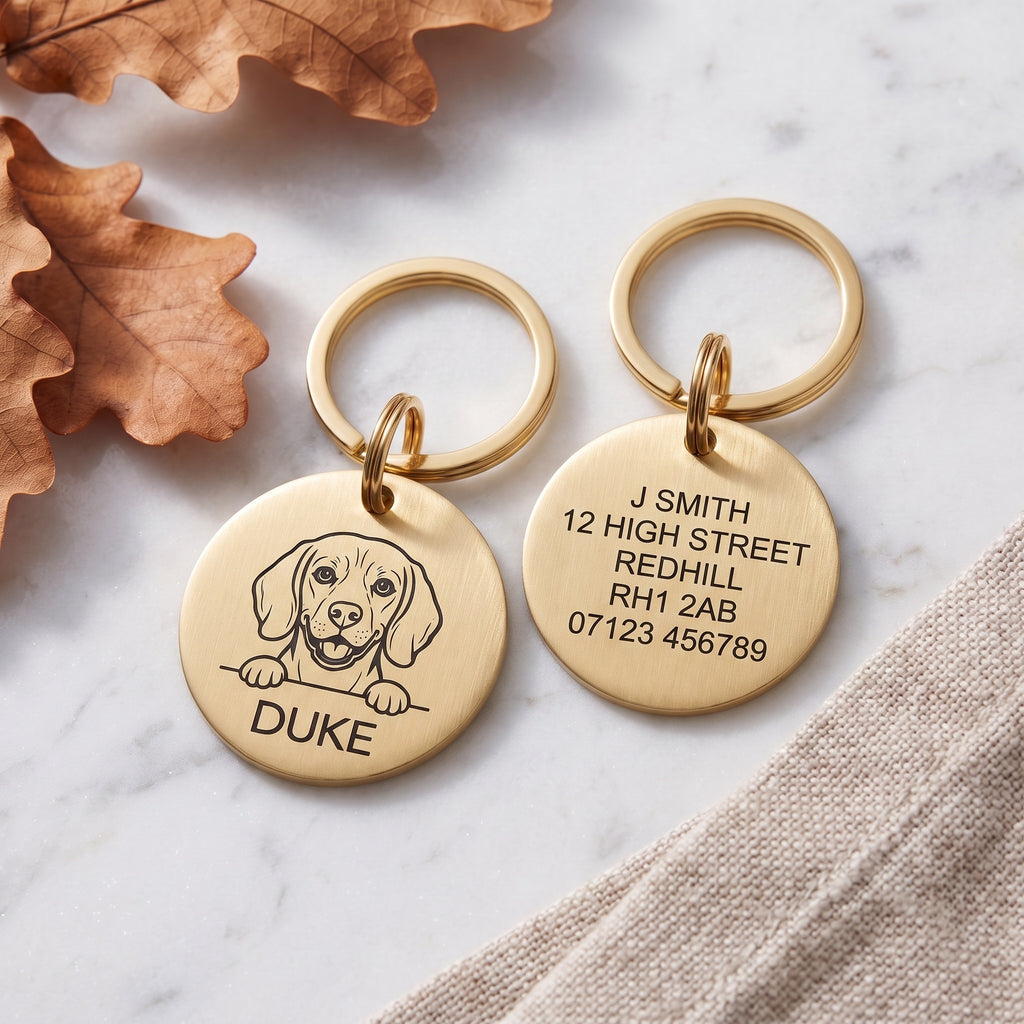 Front and back of the Beagle dog tag: breed design and name on the front, contact details on the back