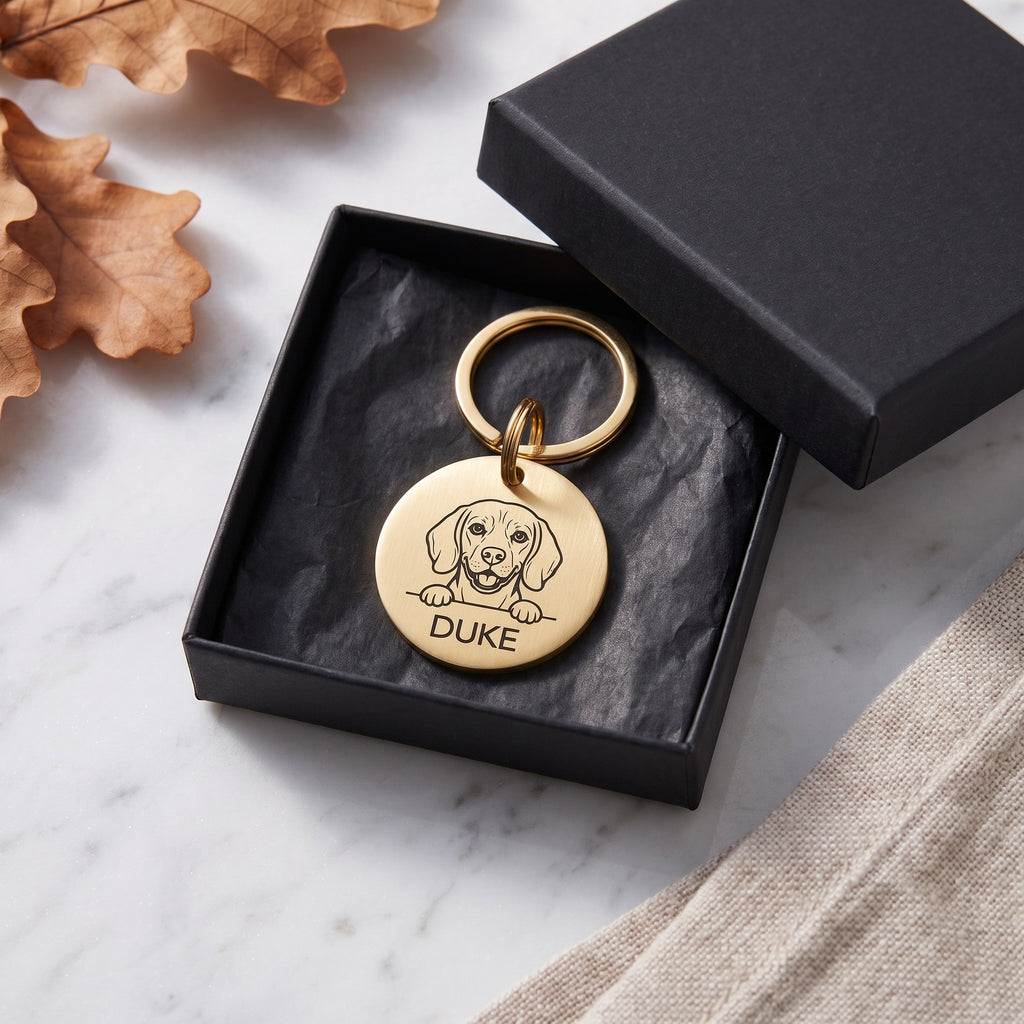 Personalised Beagle dog tag presented in the optional gift box