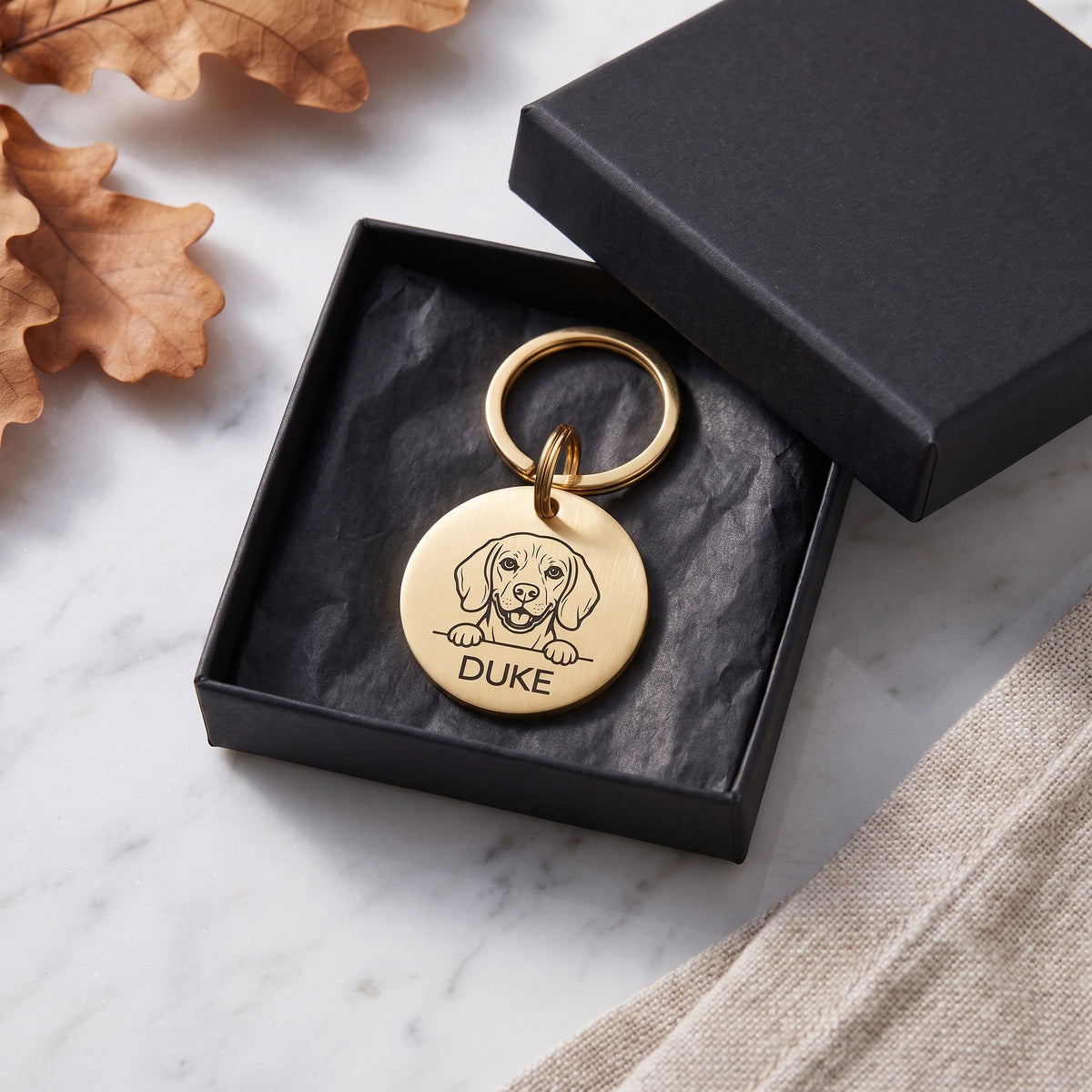 Personalised Beagle dog tag presented in the optional gift box