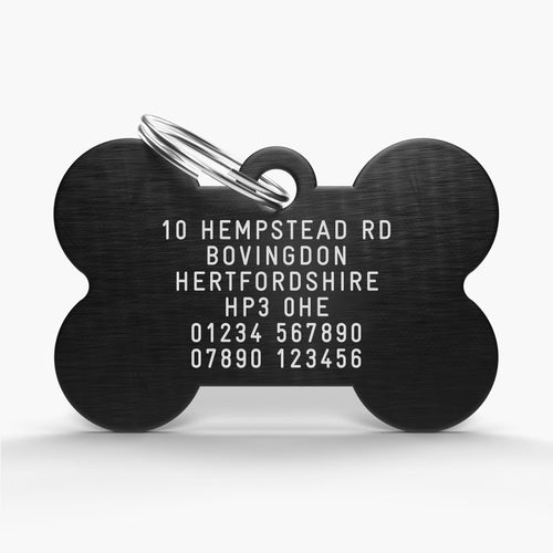 Black Engraved Dog Name Tag - Aluminium Bone Shaped ID for Pets