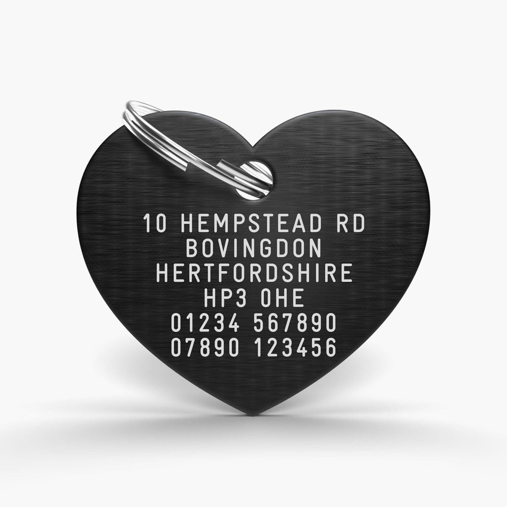Black Engraved Dog Name Tag - Aluminium Heart Shaped ID for Pets
