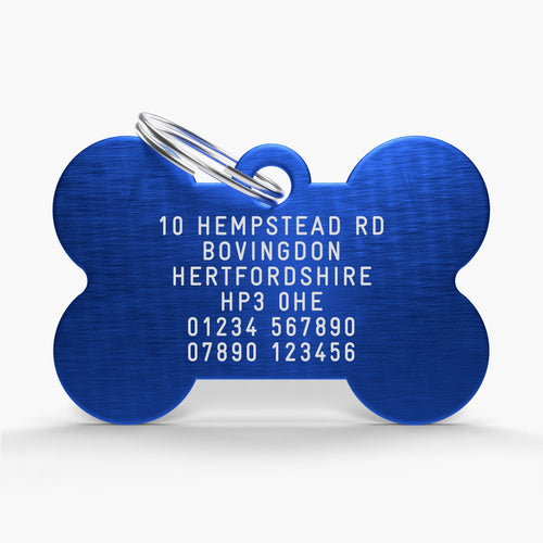 Blue Engraved Dog Name Tag - Aluminium Bone Shaped ID for Pets