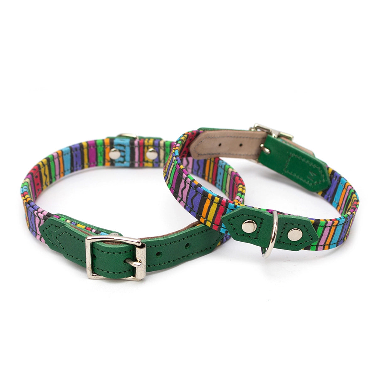 Hiro + Wolf Green Leather Dog Collar with Rainbow Stripes, Handmade & Adjustable