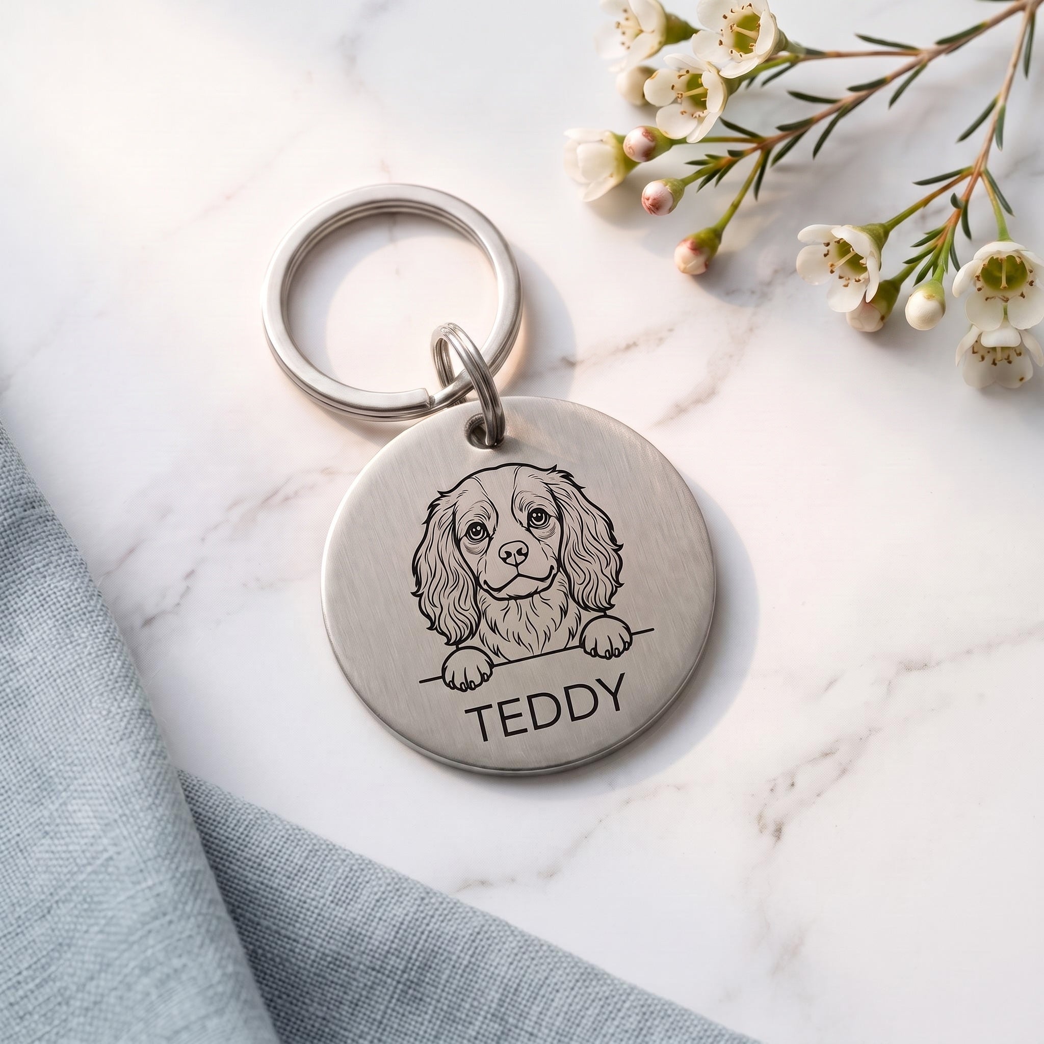 Silver personalised Cavalier King Charles dog tag in brushed stainless steel
