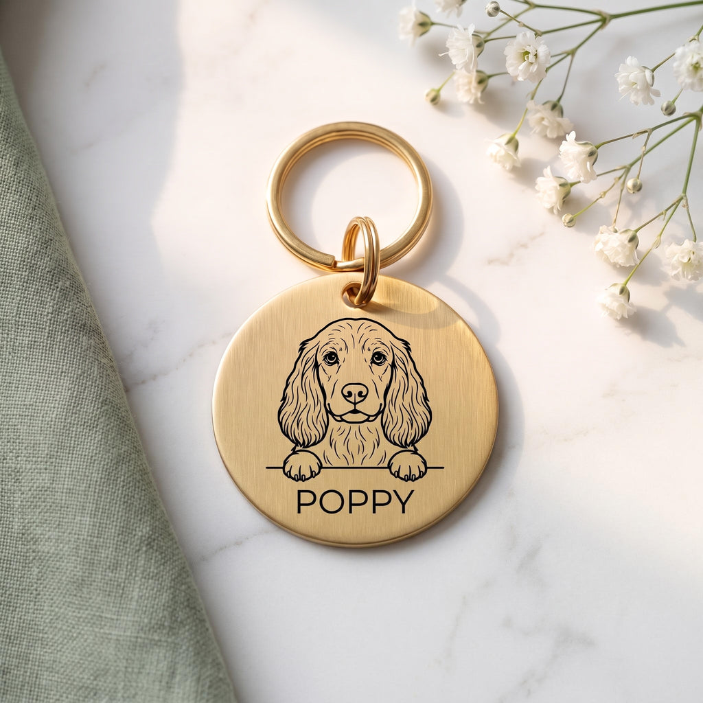 Gold Cocker Spaniel dog tag engraved with the Cocker Spaniel design and the name POPPY