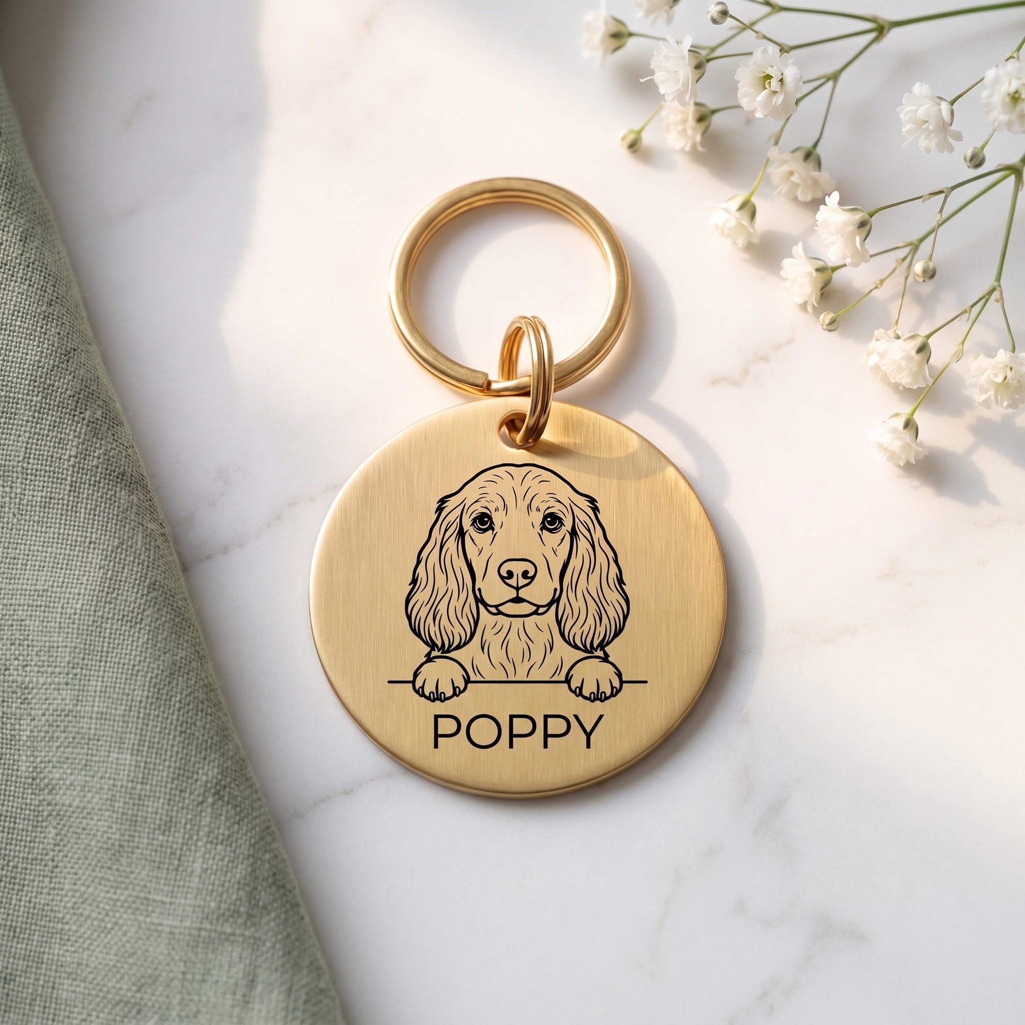 Gold Cocker Spaniel dog tag engraved with the Cocker Spaniel design and the name POPPY