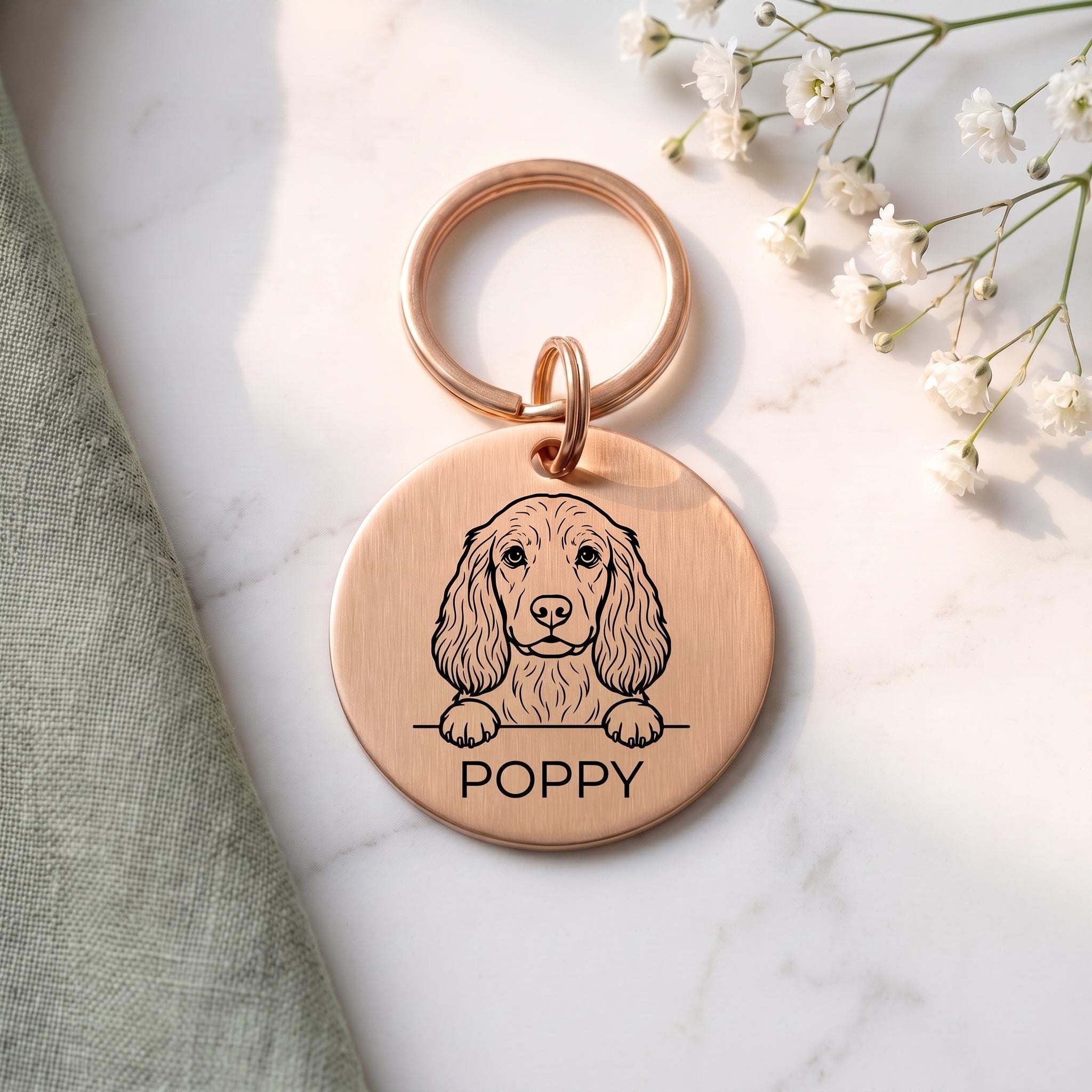Rose gold personalised Cocker Spaniel dog tag in brushed stainless steel
