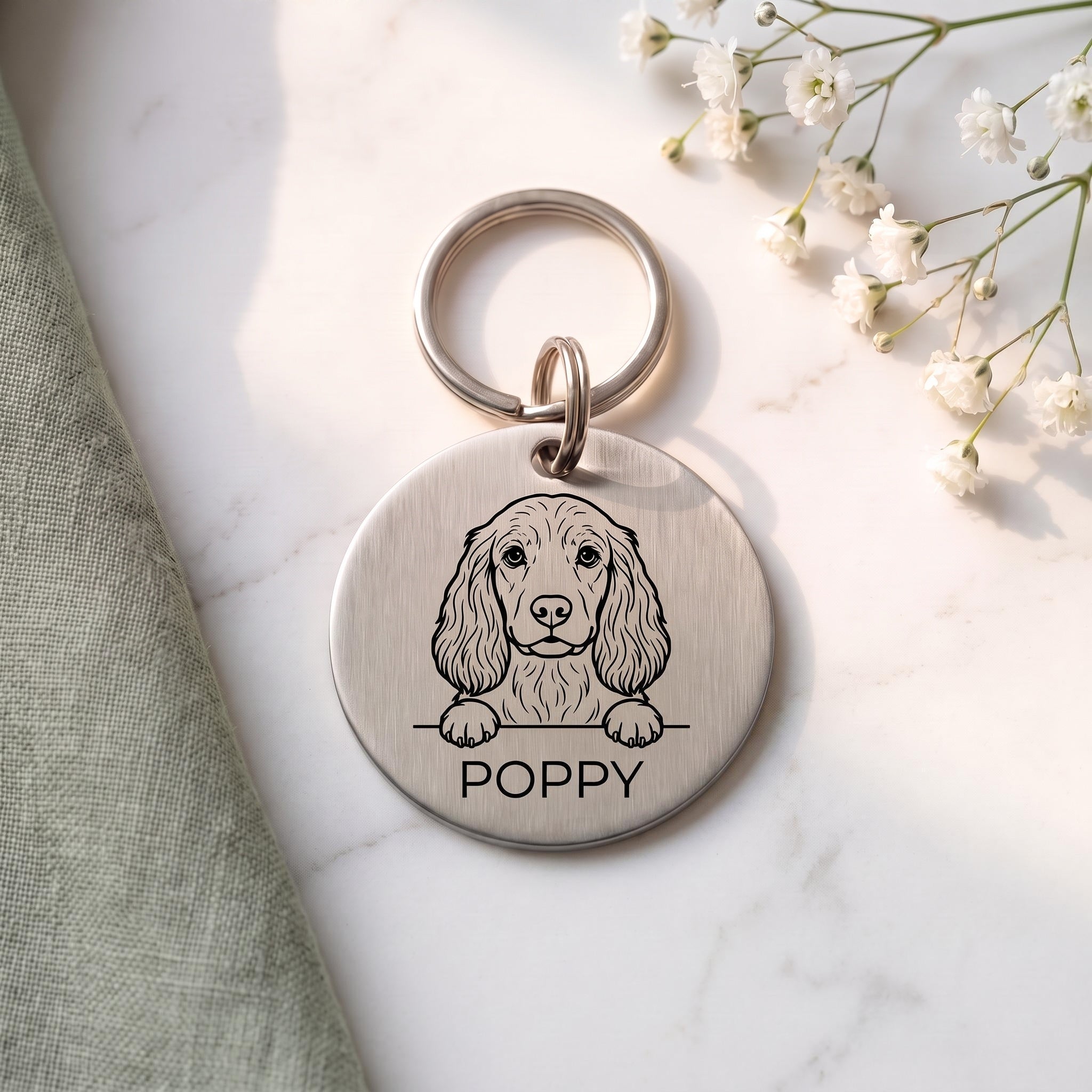 Silver personalised Cocker Spaniel dog tag in brushed stainless steel