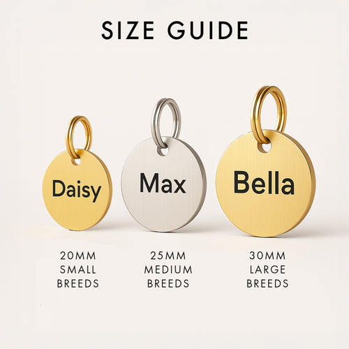 Size guide showing 20mm, 25mm and 30mm round dog tags for small, medium and large breeds