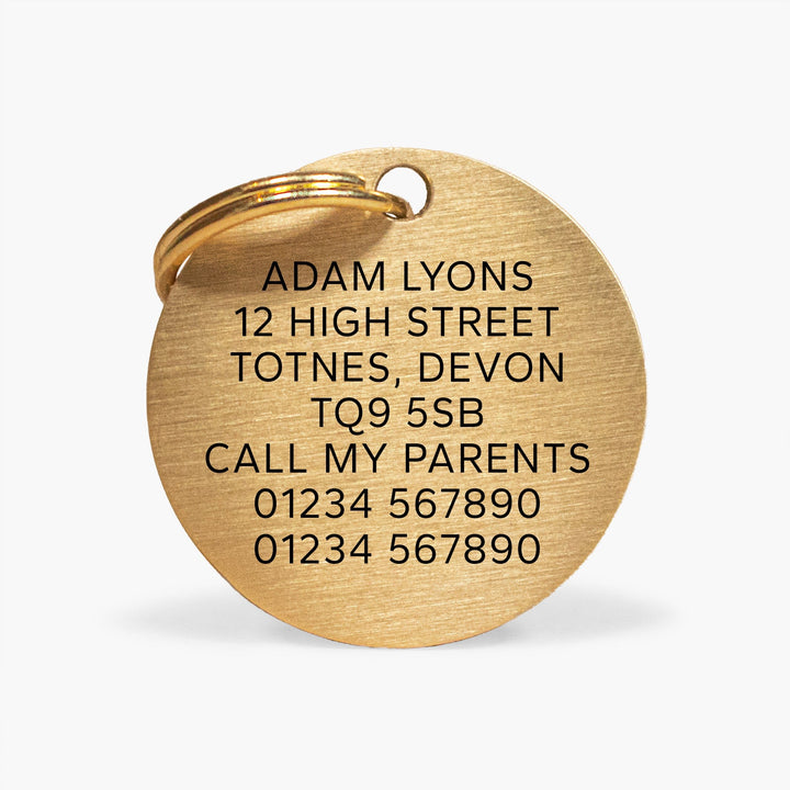 Custom Gold Brass Dog Tag with Personalised Name, Breed Silhouette & Contact Info