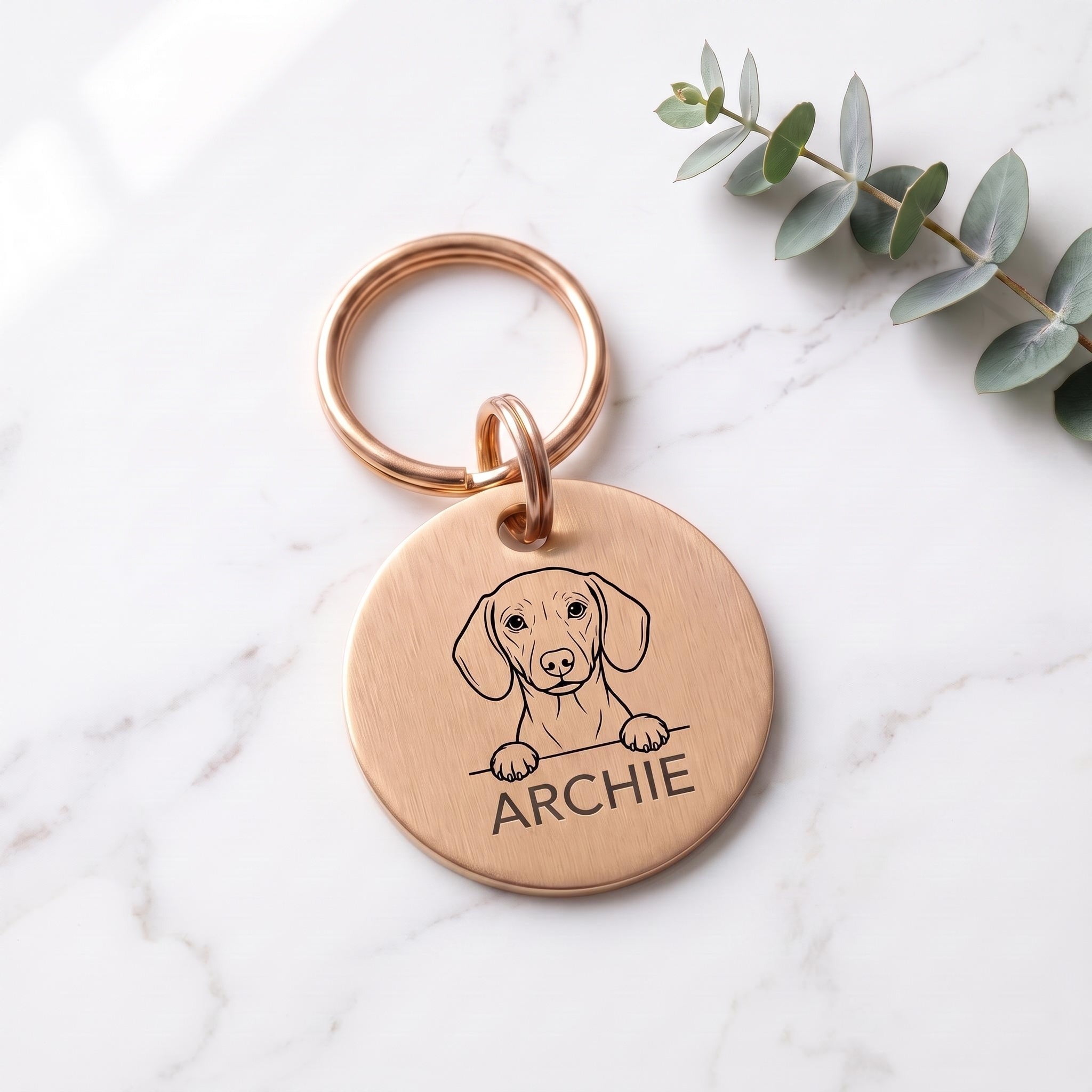 Rose gold personalised Dachshund dog tag in brushed stainless steel
