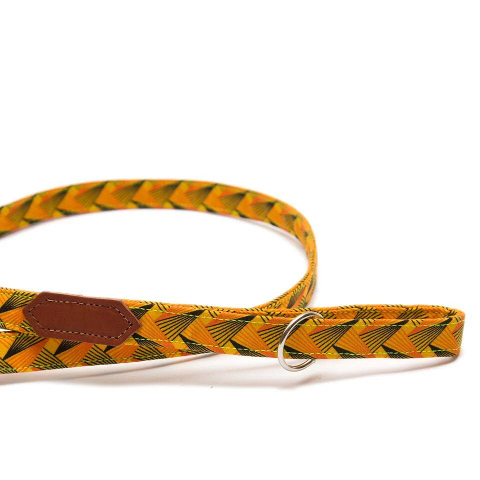 Dog leash with yellow and black pattern and brown leather patch on a white background