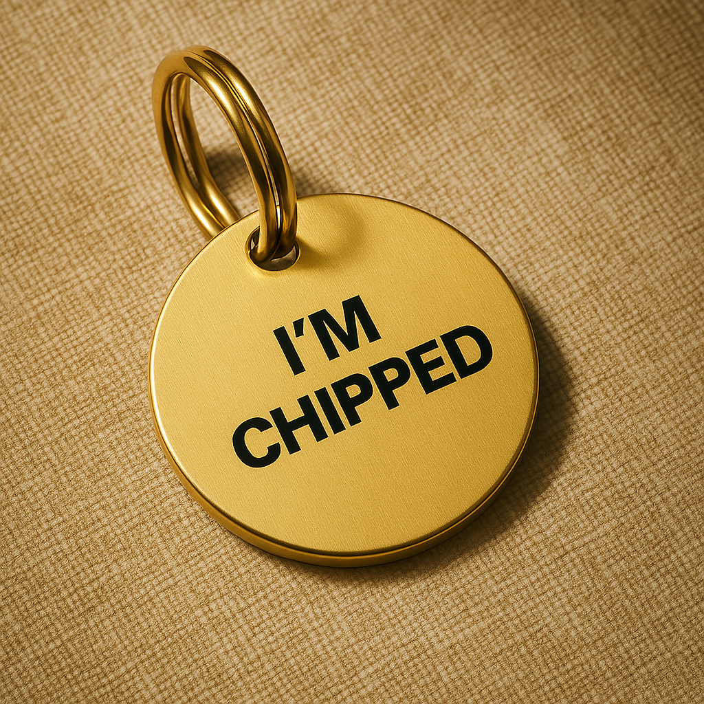 Gold-Tone Brass Dog Collar Tag with Engraved "I'm Chipped" and Custom Contact Details