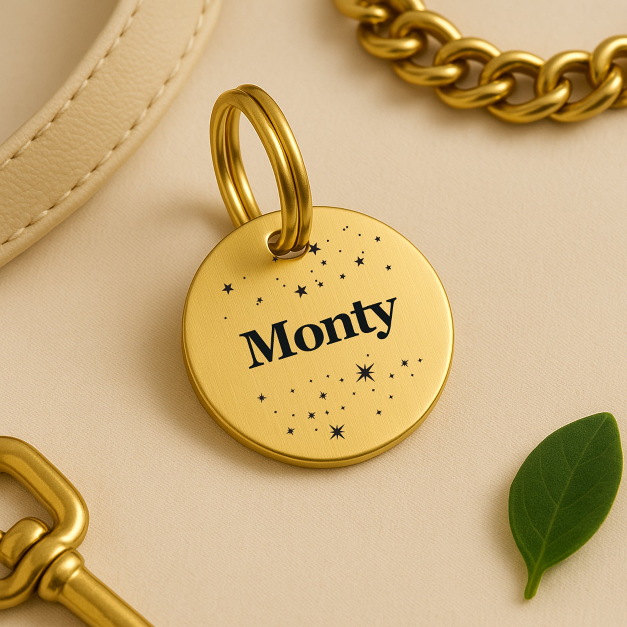 Gold-Tone Brass Personalised Dog Collar Tag with Custom Engraved Pet Name and Stars The Stately Hound