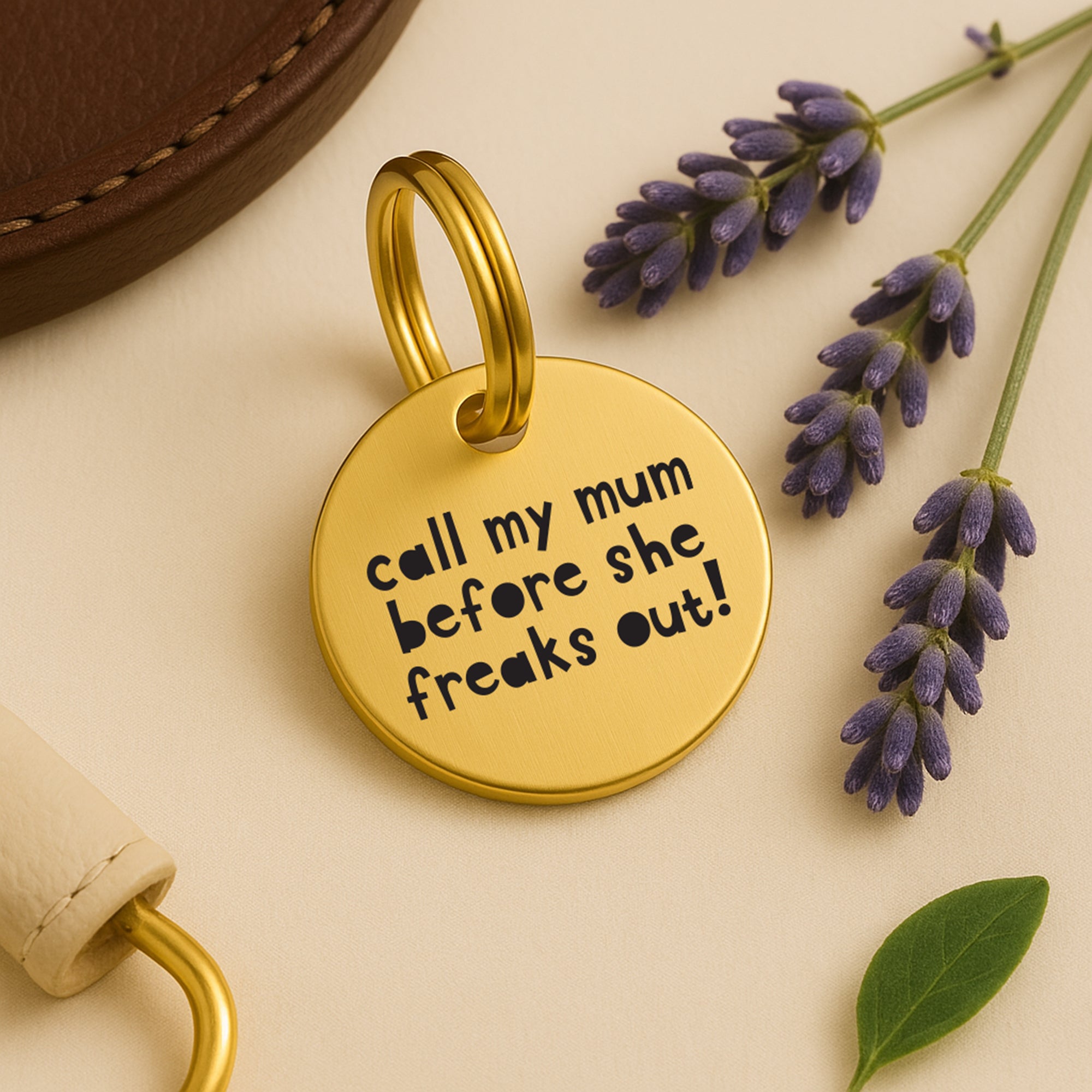 Handcrafted Engraved Pet Name Tag in Brass - Call My Mum Before She Freaks Out