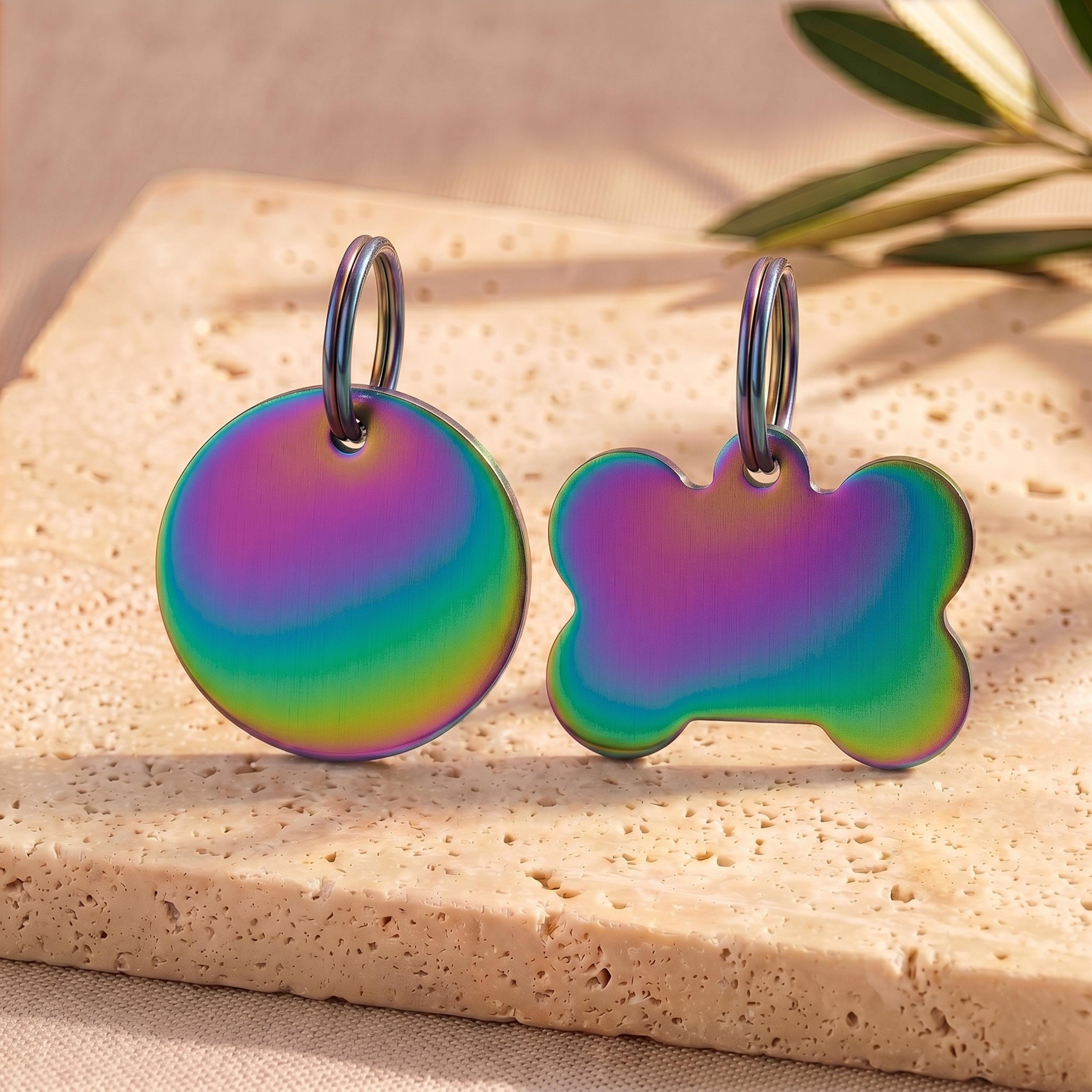Multicolour round and bone personalised dog tags with a rainbow finish - no two alike