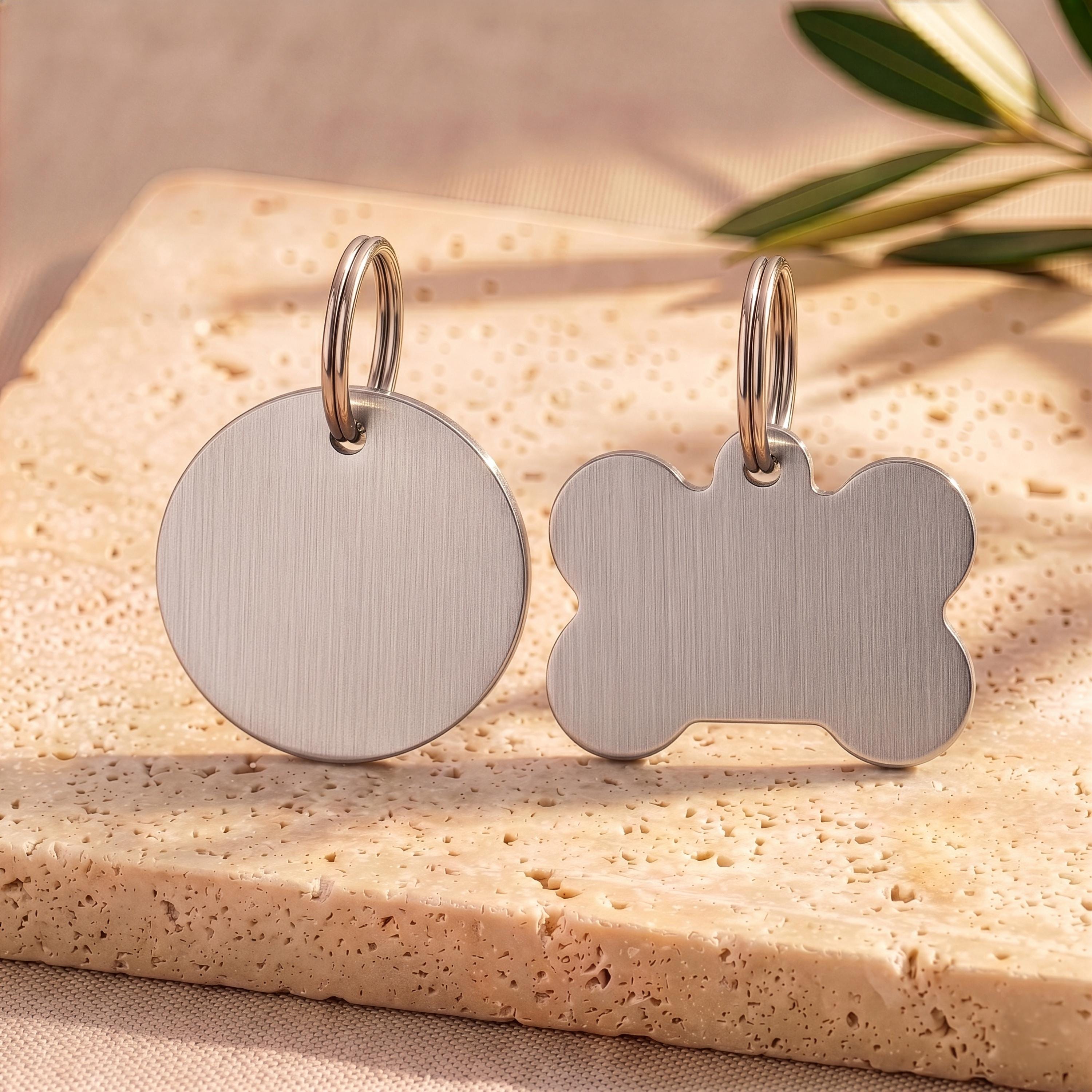 Silver round and bone personalised dog tags in brushed stainless steel