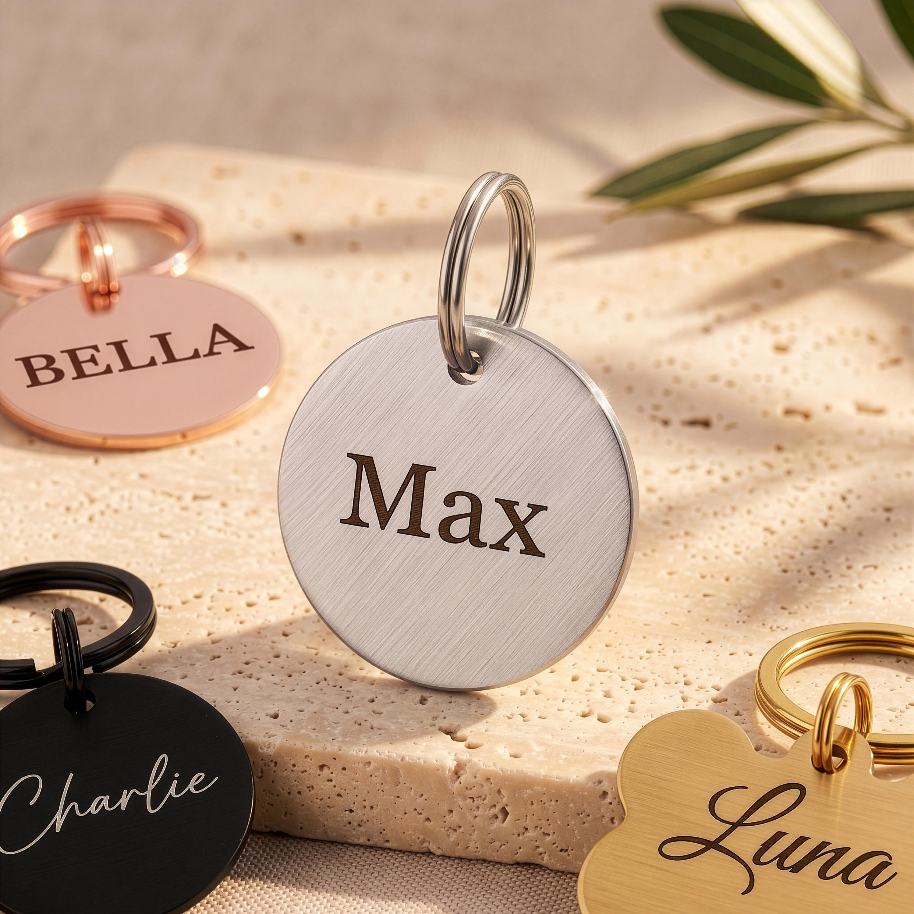 Silver personalised dog tag engraved Max in brushed stainless steel, with rose gold, black and gold tags around it