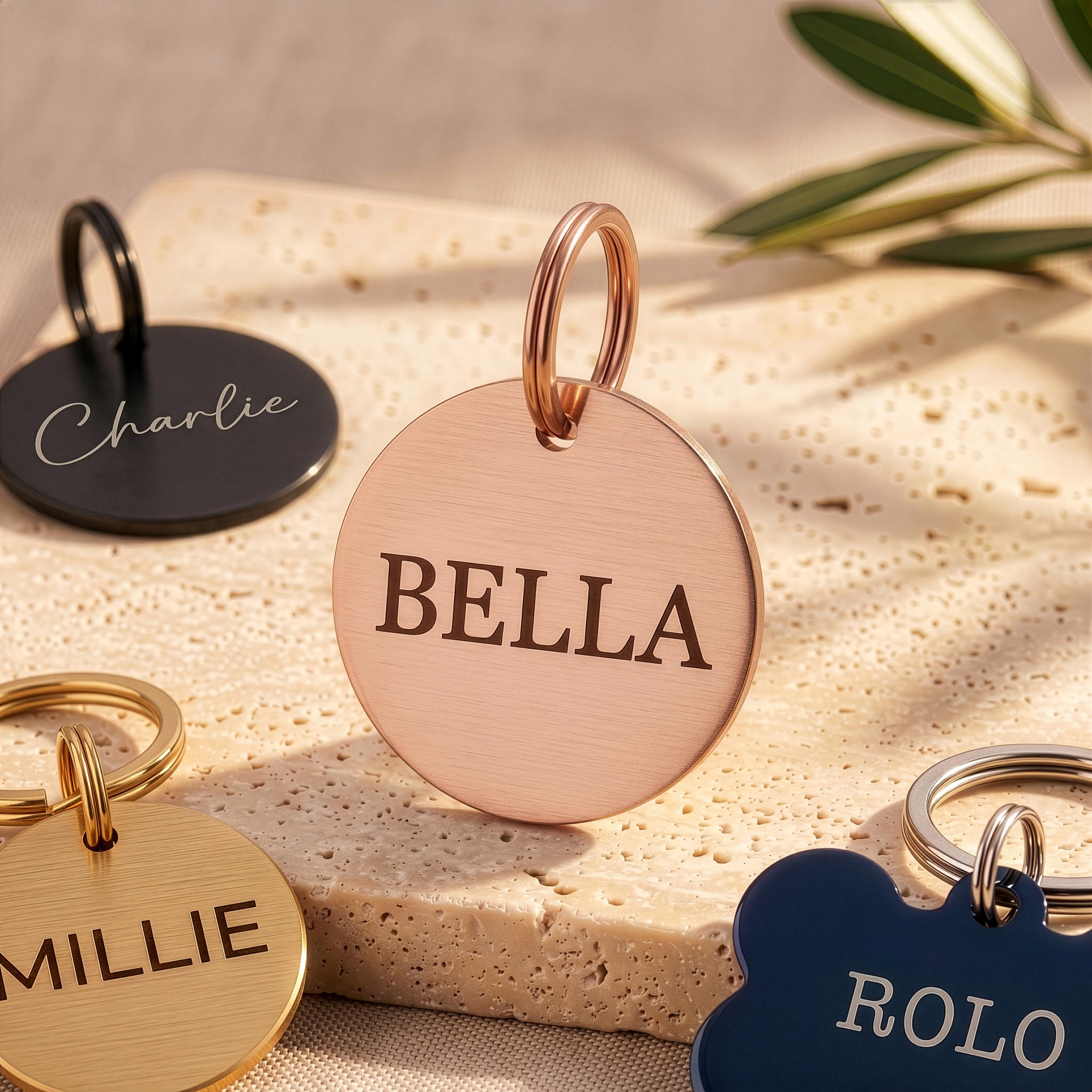 Rose gold personalised dog tag engraved BELLA, with black, gold and blue tags from the range around it