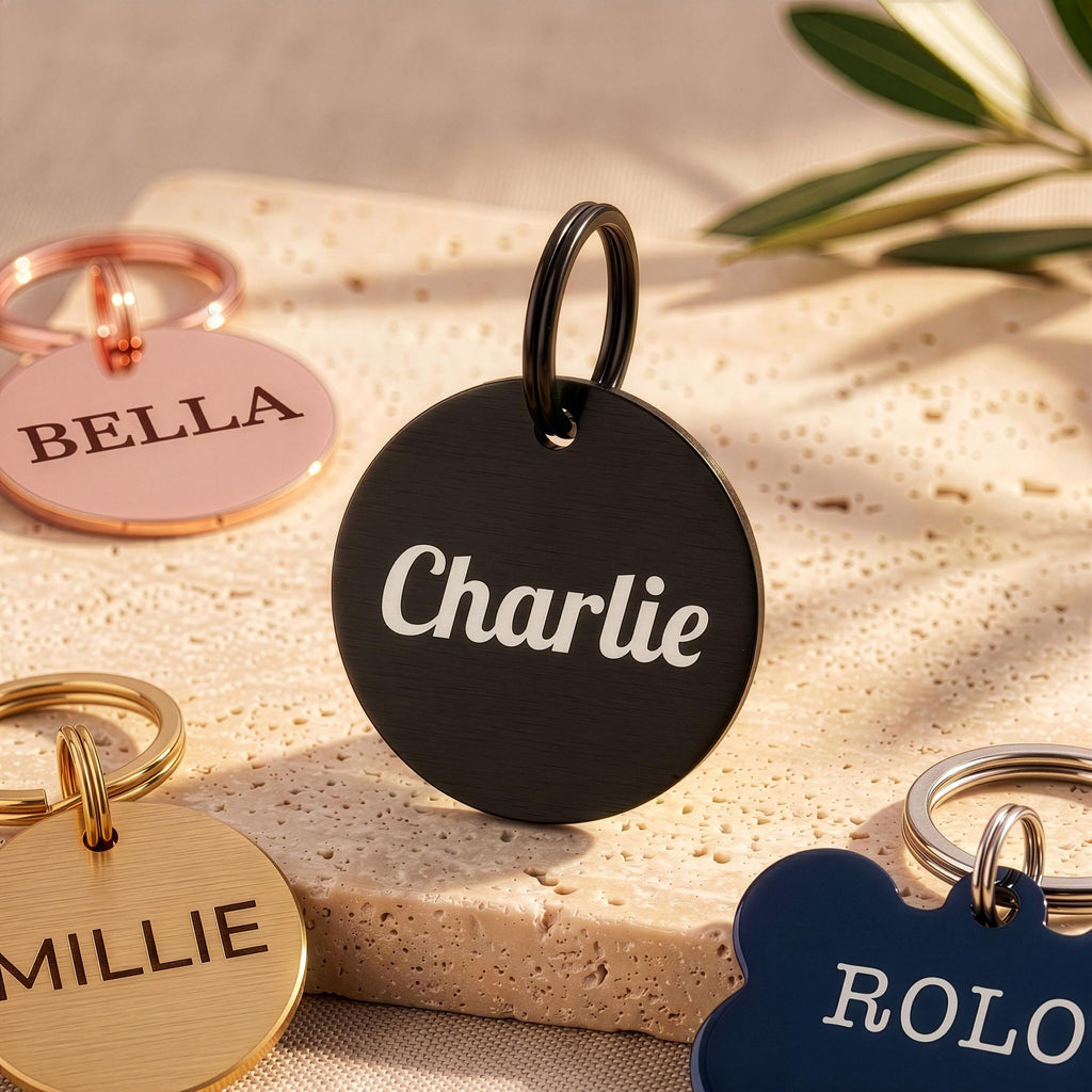 Black personalised dog tag engraved Charlie in white script, with rose gold, gold and blue tags around it