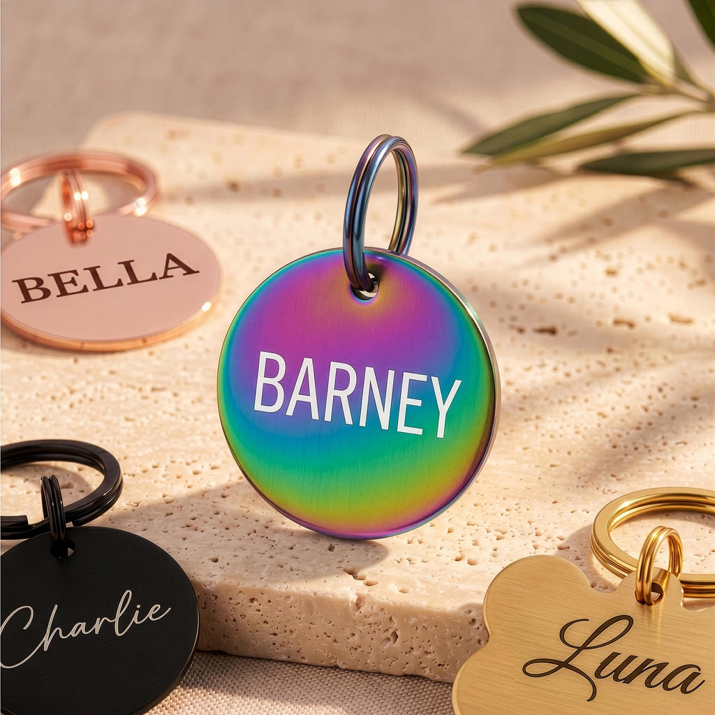 Multicolour round dog tag engraved BARNEY with a rainbow finish, with rose gold, black and gold tags around it