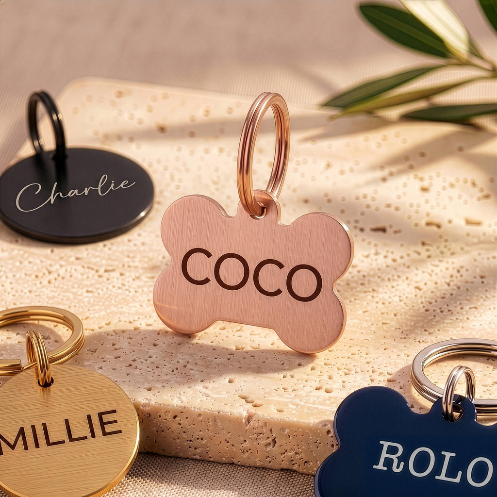 Rose gold bone dog tag engraved COCO in soft pink-gold, with black, gold and blue tags around it