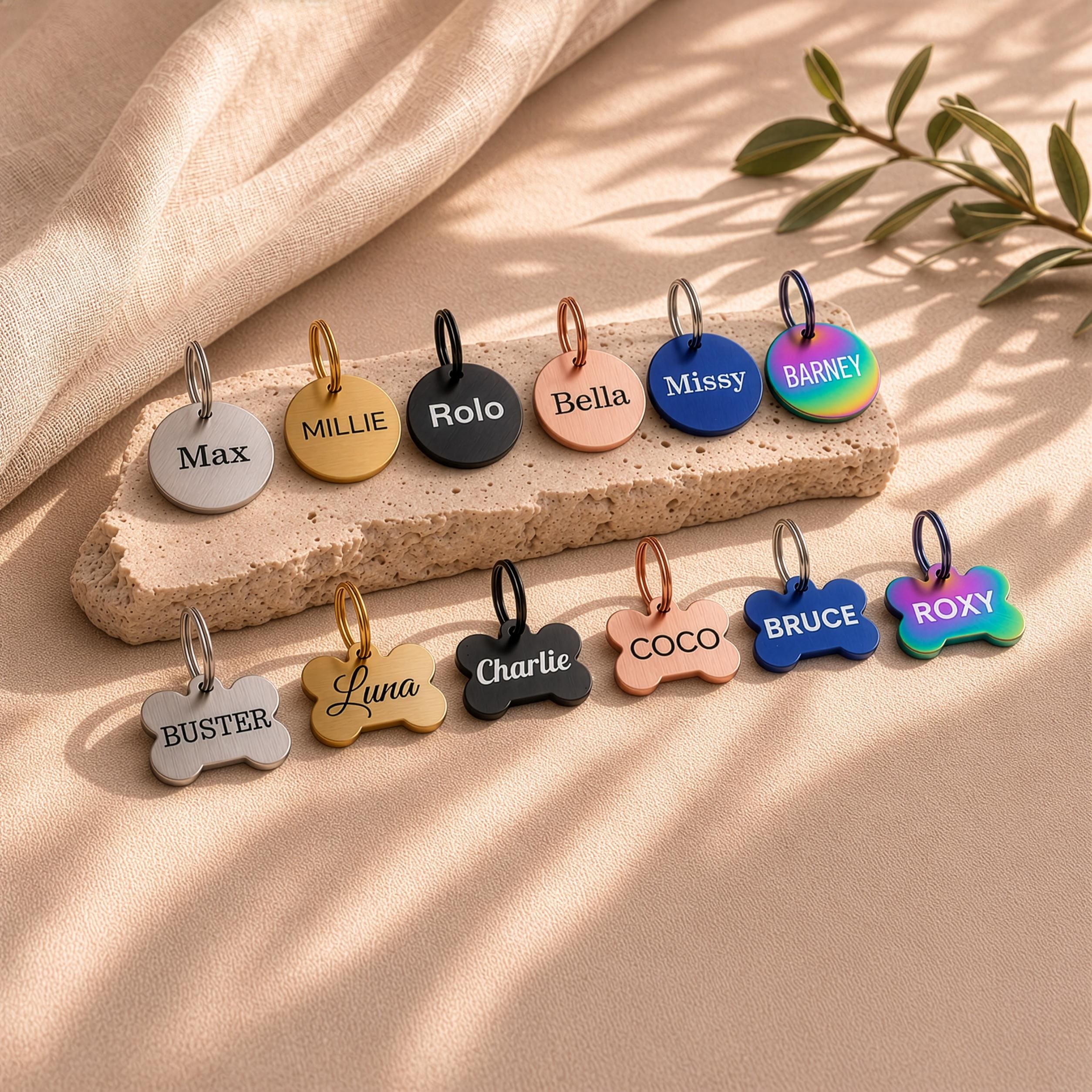 The tag colour range - gold, silver, rose gold, black, blue and multicolour tags with engraved names