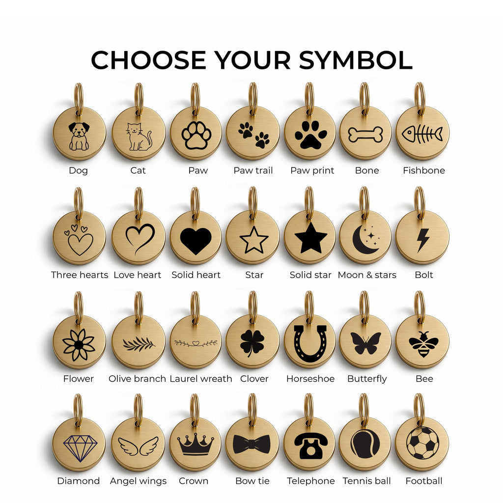 Choose your symbol - the 28 engraving symbols including paw, heart, bone, star and crown
