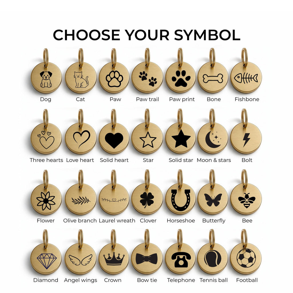 Choose your symbol - the 28 engraving symbols including paw, heart, bone, star and crown