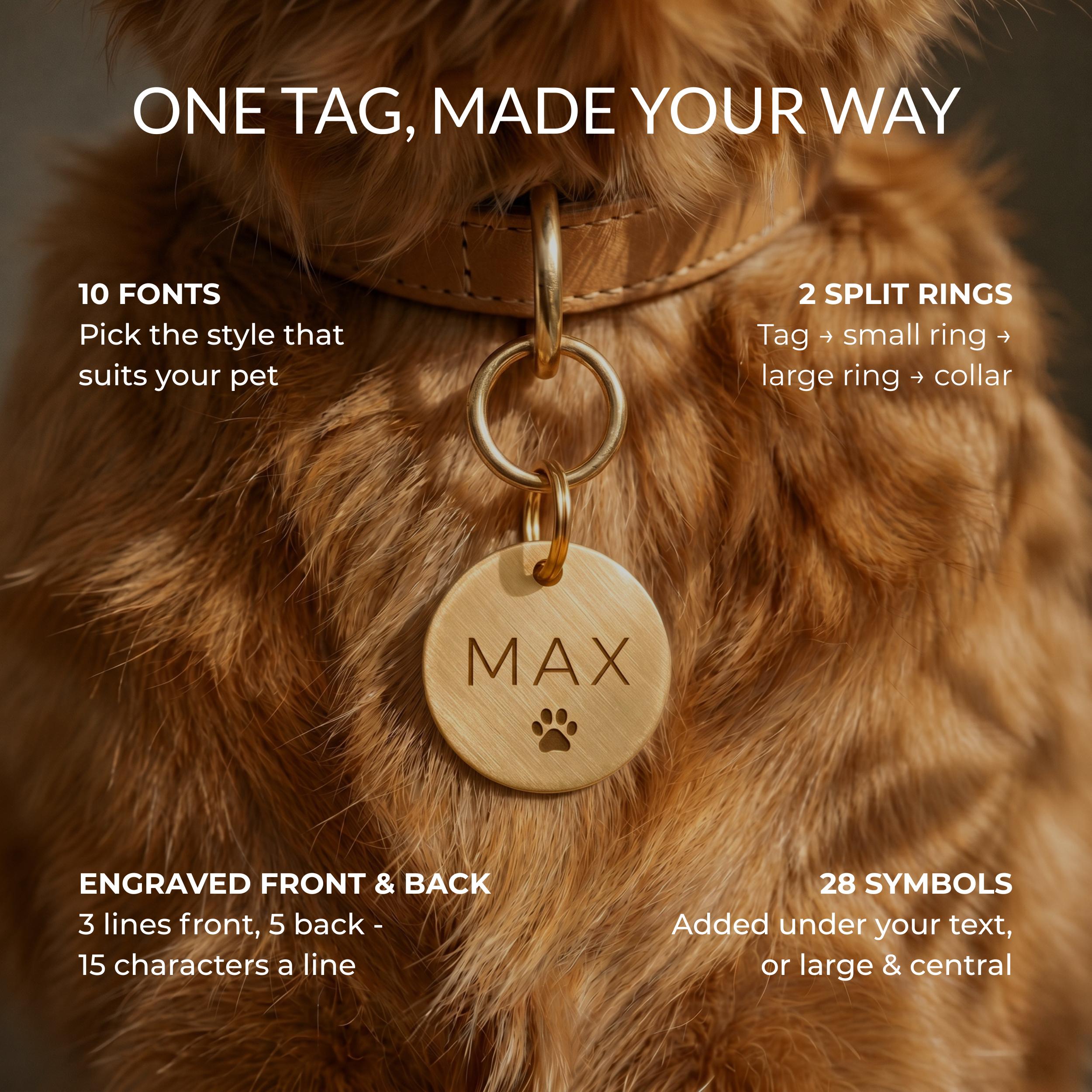 One tag, made your way - 10 fonts, 28 symbols, two split rings, engraved front and back