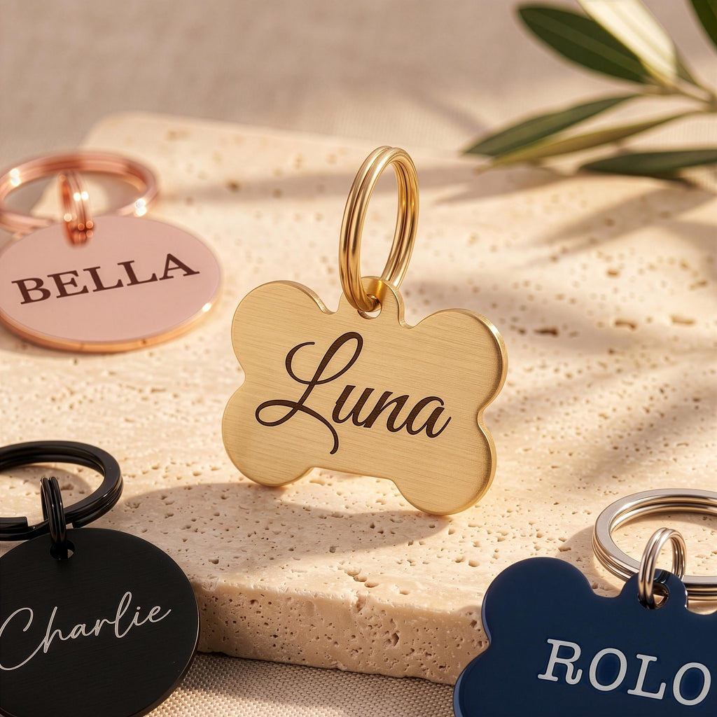 Gold bone dog tag engraved Luna in a script font, with black, rose gold and blue tags from the range around it