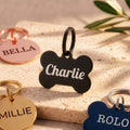 Black bone dog tag engraved Charlie in white lettering, with rose gold, gold and blue tags around it