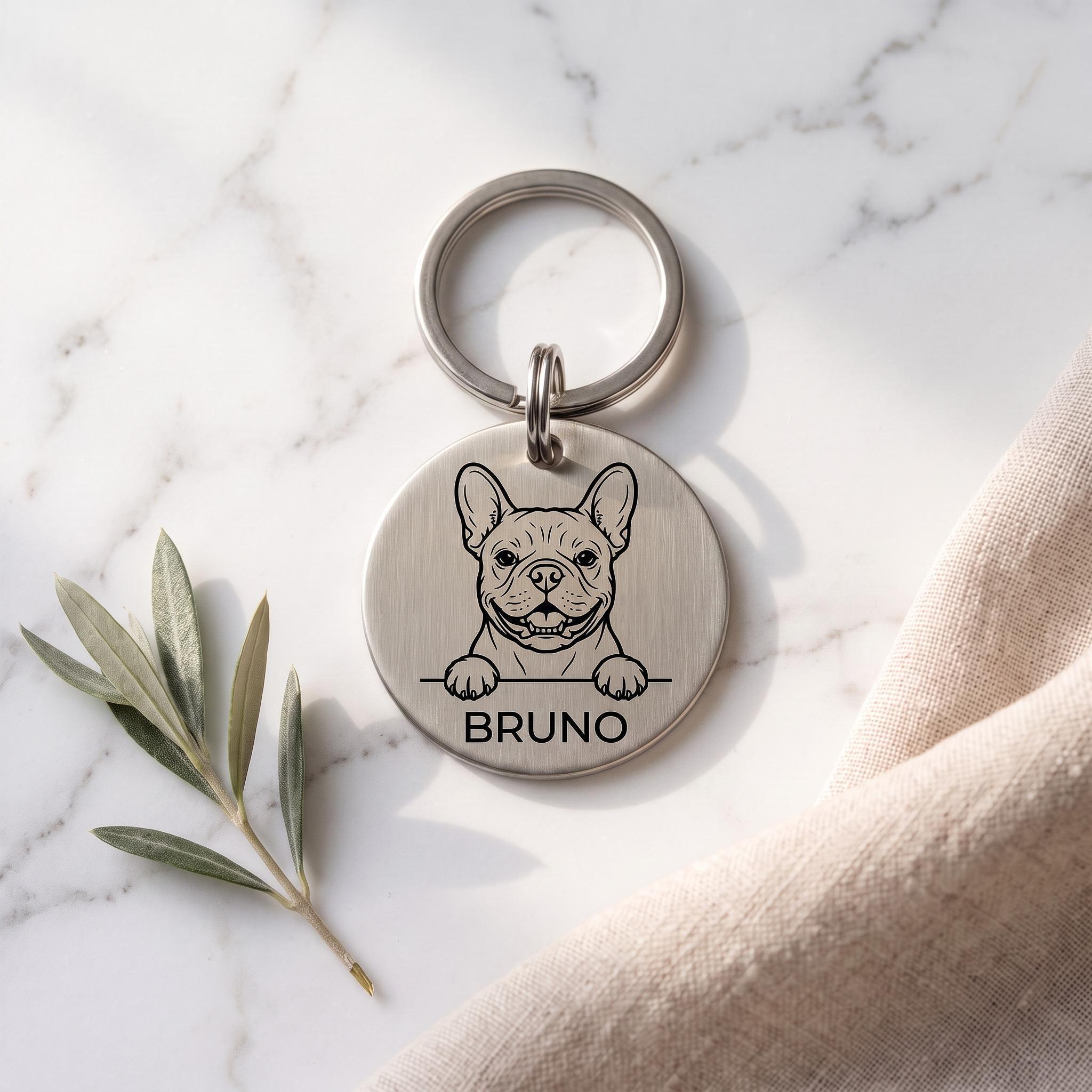Silver personalised French Bulldog dog tag in brushed stainless steel