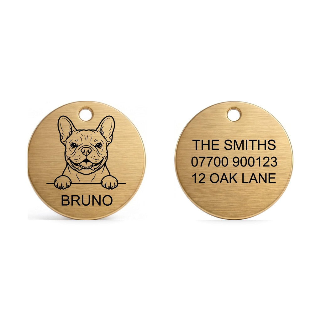 Front and back of the French Bulldog dog tag: breed design and name on the front, contact details on the back