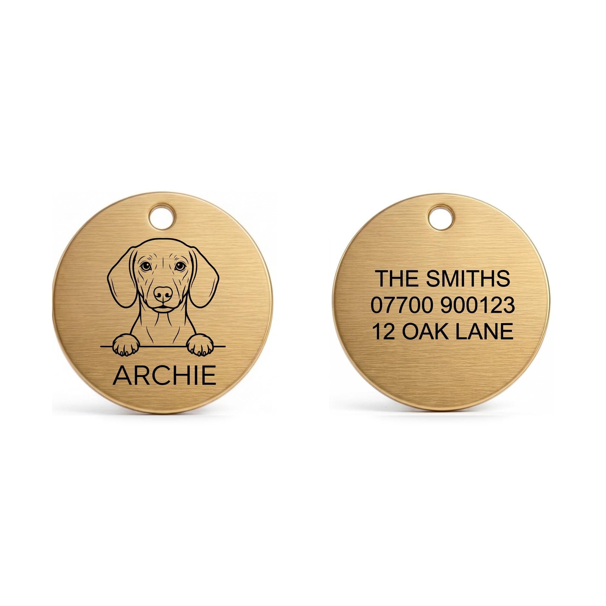 Front and back of the Dachshund dog tag: breed design and name on the front, contact details on the back