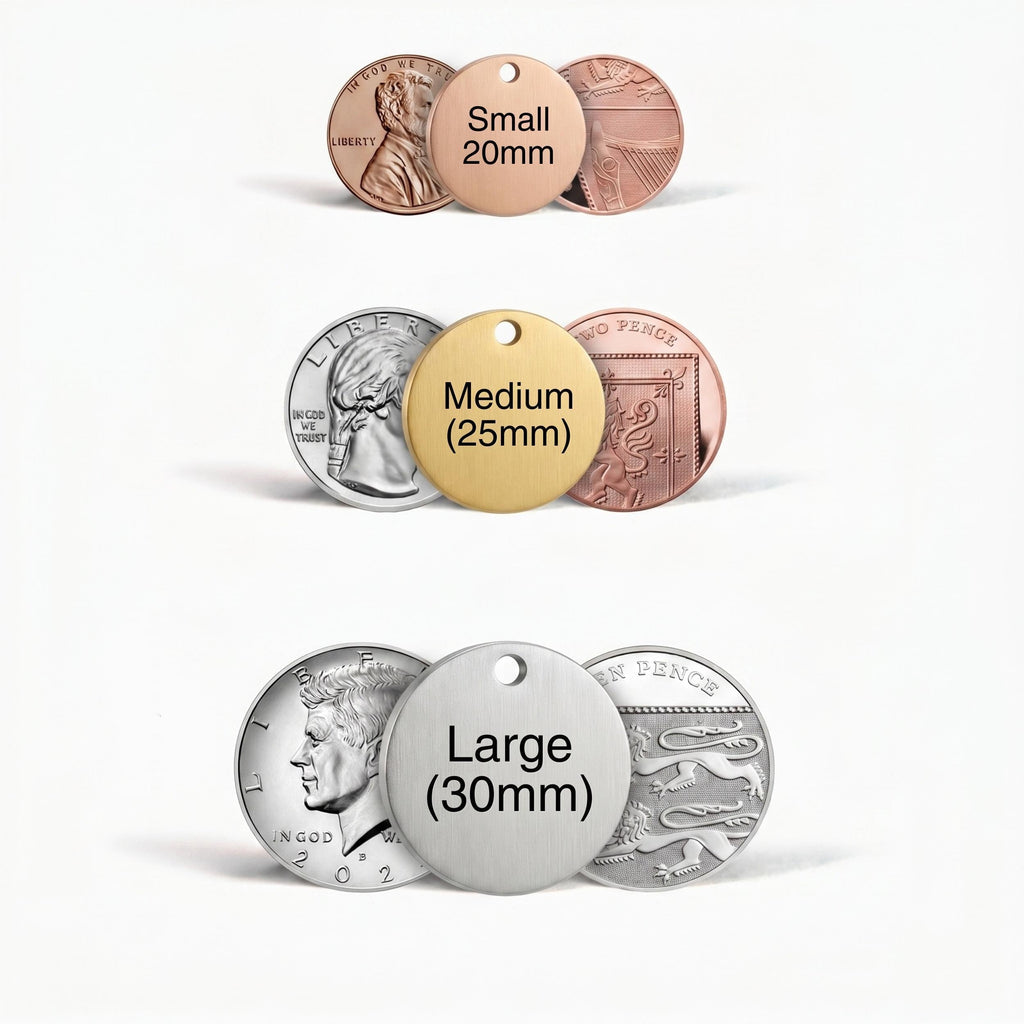 Dog tag size guide: Small 20mm, Medium 25mm, Large 30mm