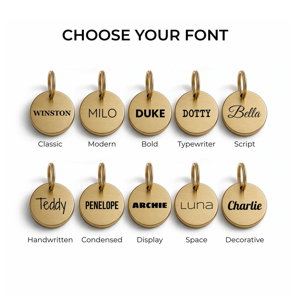 The ten engraving fonts available for the personalised Sproodle dog tag
