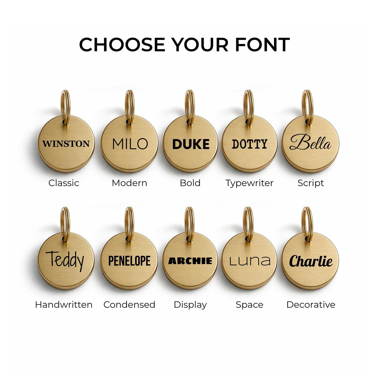 The ten engraving fonts available for the personalised Beagle dog tag