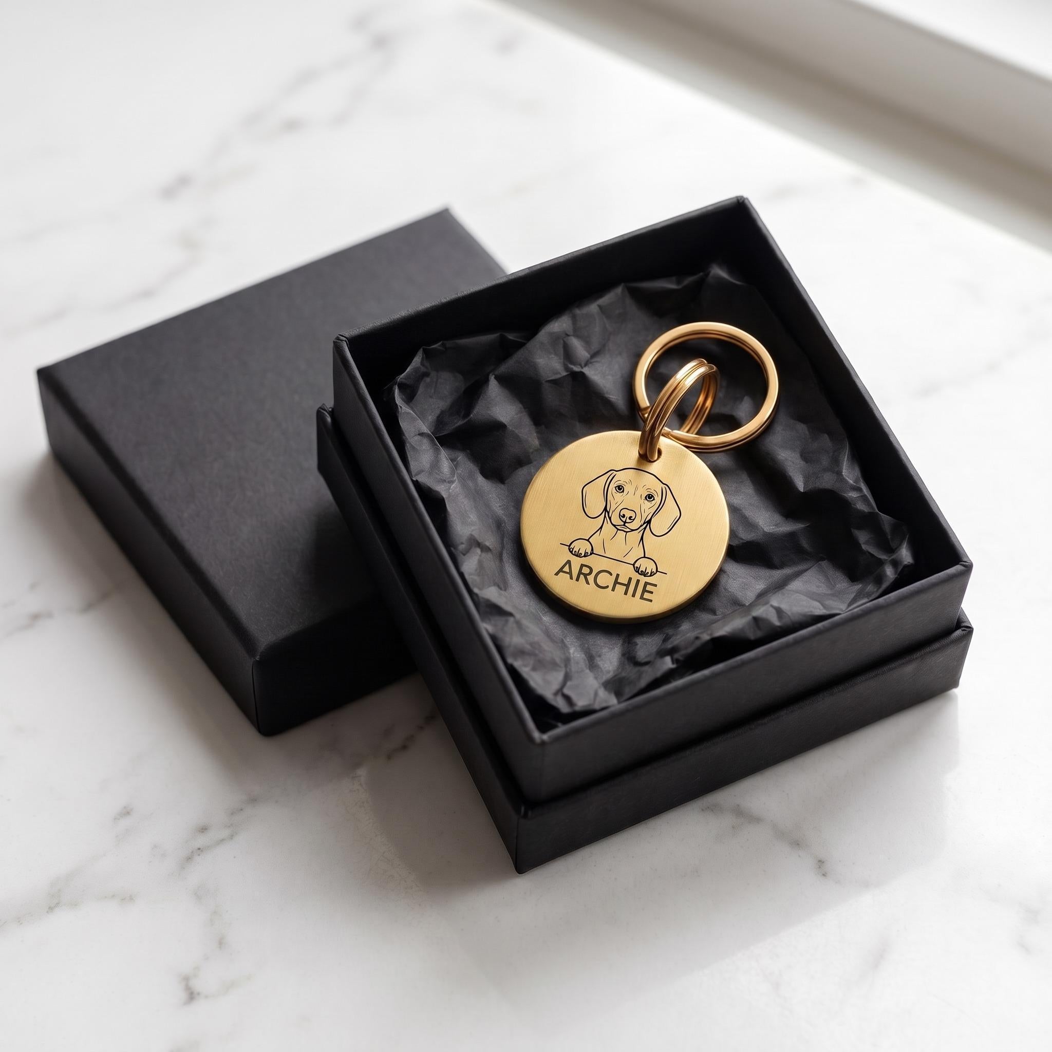 Personalised Dachshund dog tag presented in the optional gift box