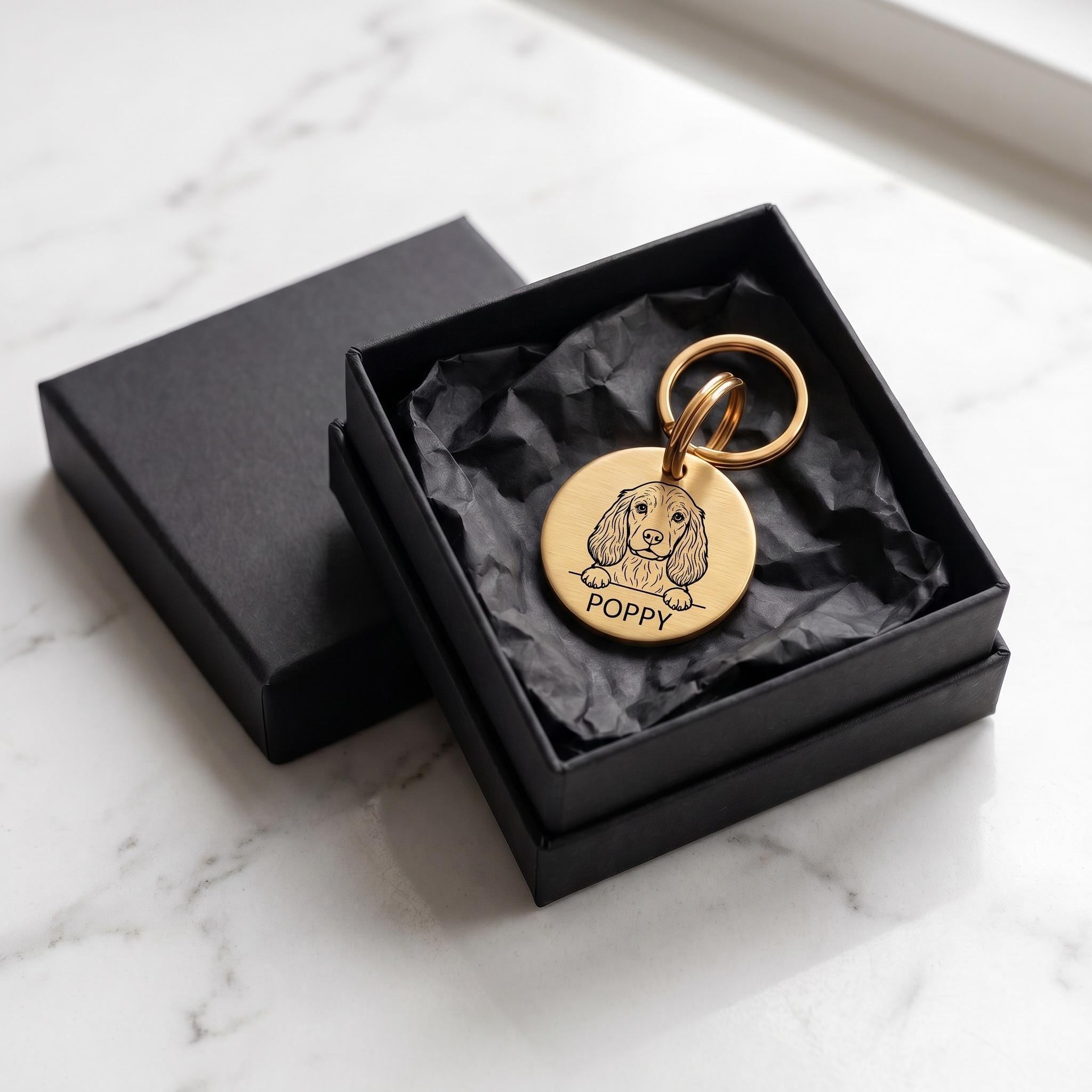 Personalised Cocker Spaniel dog tag presented in the optional gift box