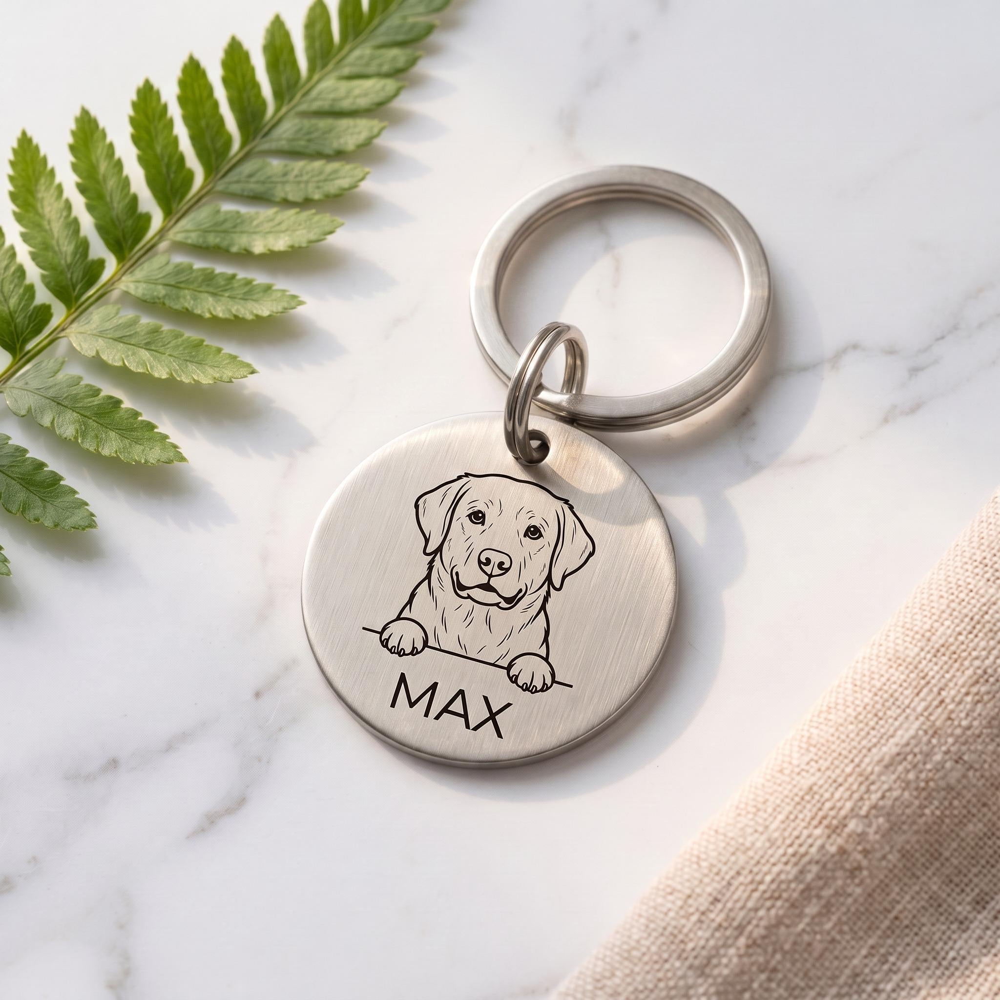Silver personalised Labrador dog tag in brushed stainless steel