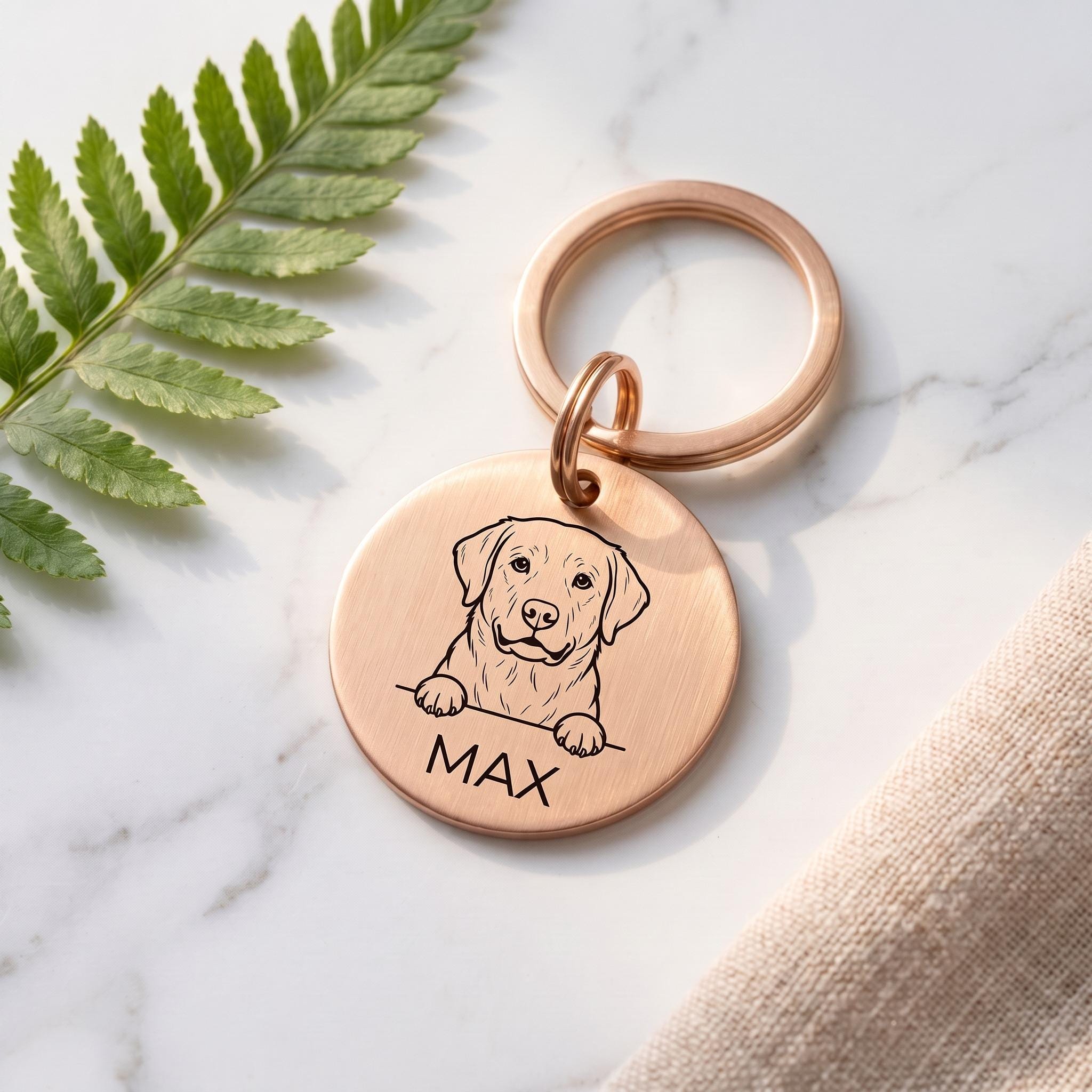 Rose gold personalised Labrador dog tag in brushed stainless steel