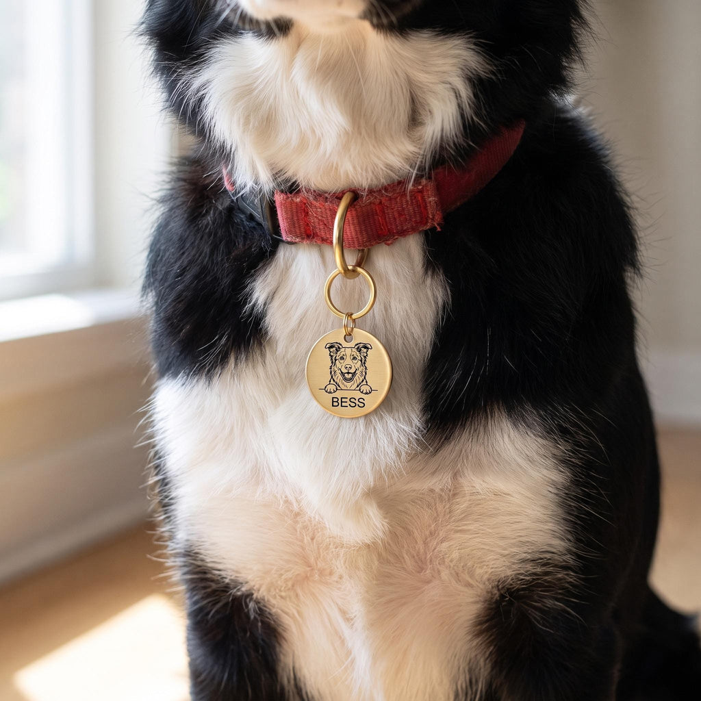 Border Collie wearing the personalised Border Collie dog tag on its collar